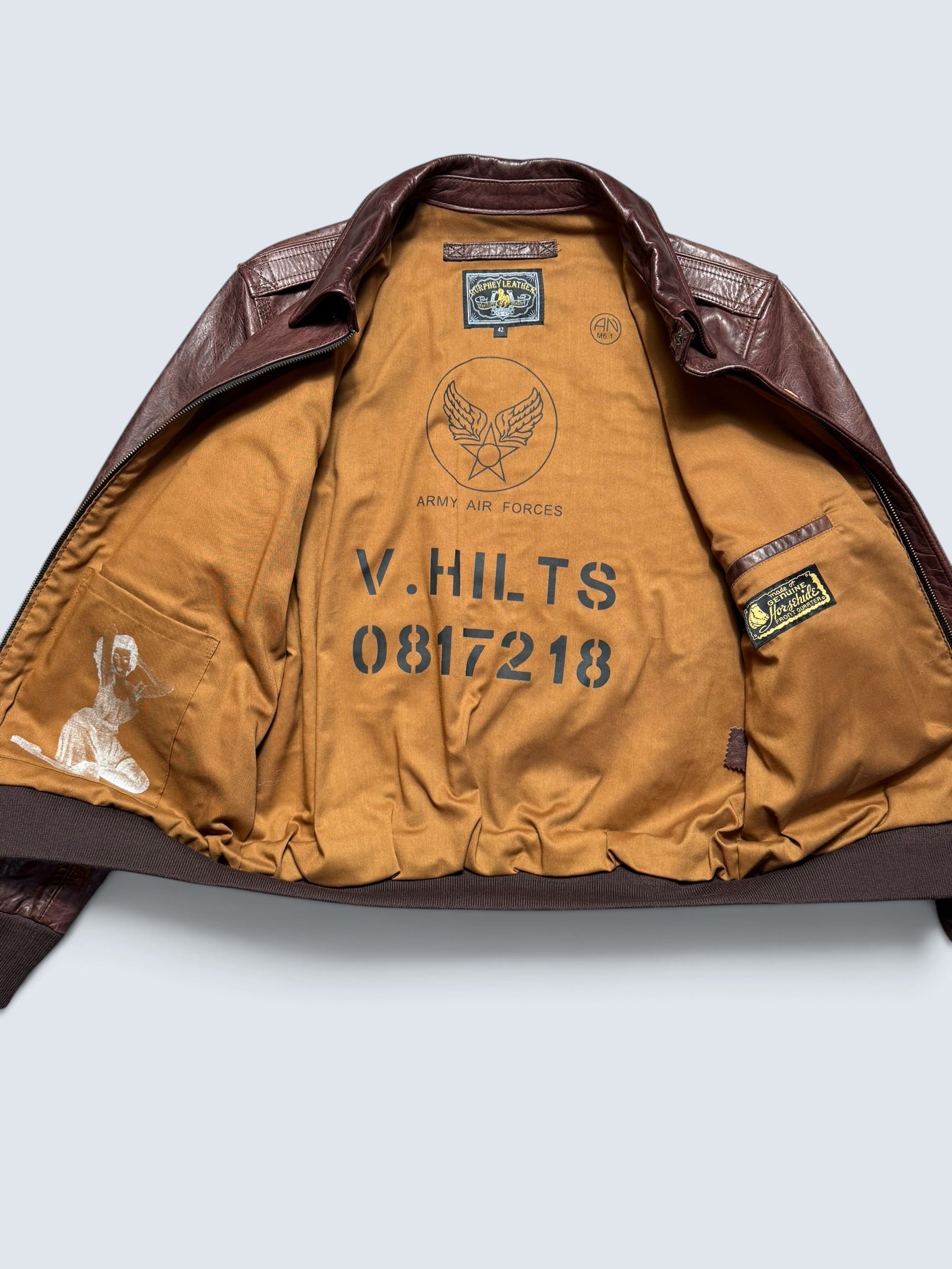 Jacket cuir horsehide flight A-2 Curphey Leather Hell's Angels patch & nose art usaf brown - 42 (L)