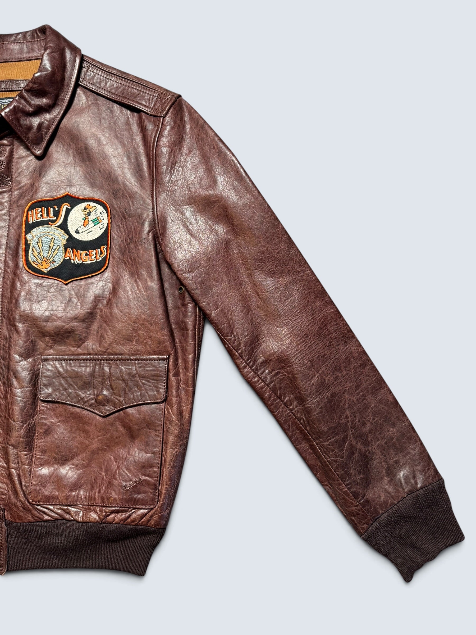 Jacket cuir horsehide flight A-2 Curphey Leather Hell's Angels patch & nose art usaf brown - 42 (L)