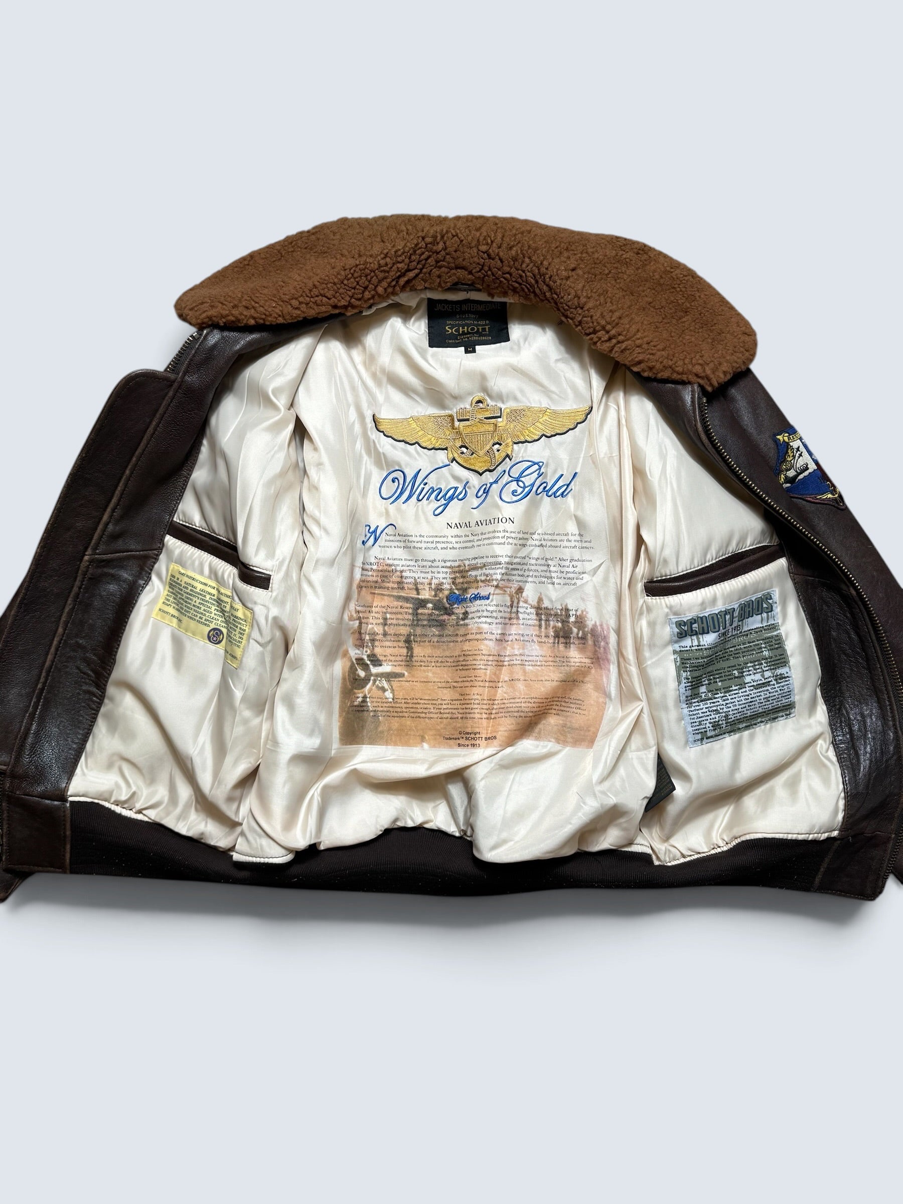 Jacket cuir lambskin flight G-1 Schott NYC Wings Of Gold Top Gun usn full patch nose art black - M (XL)