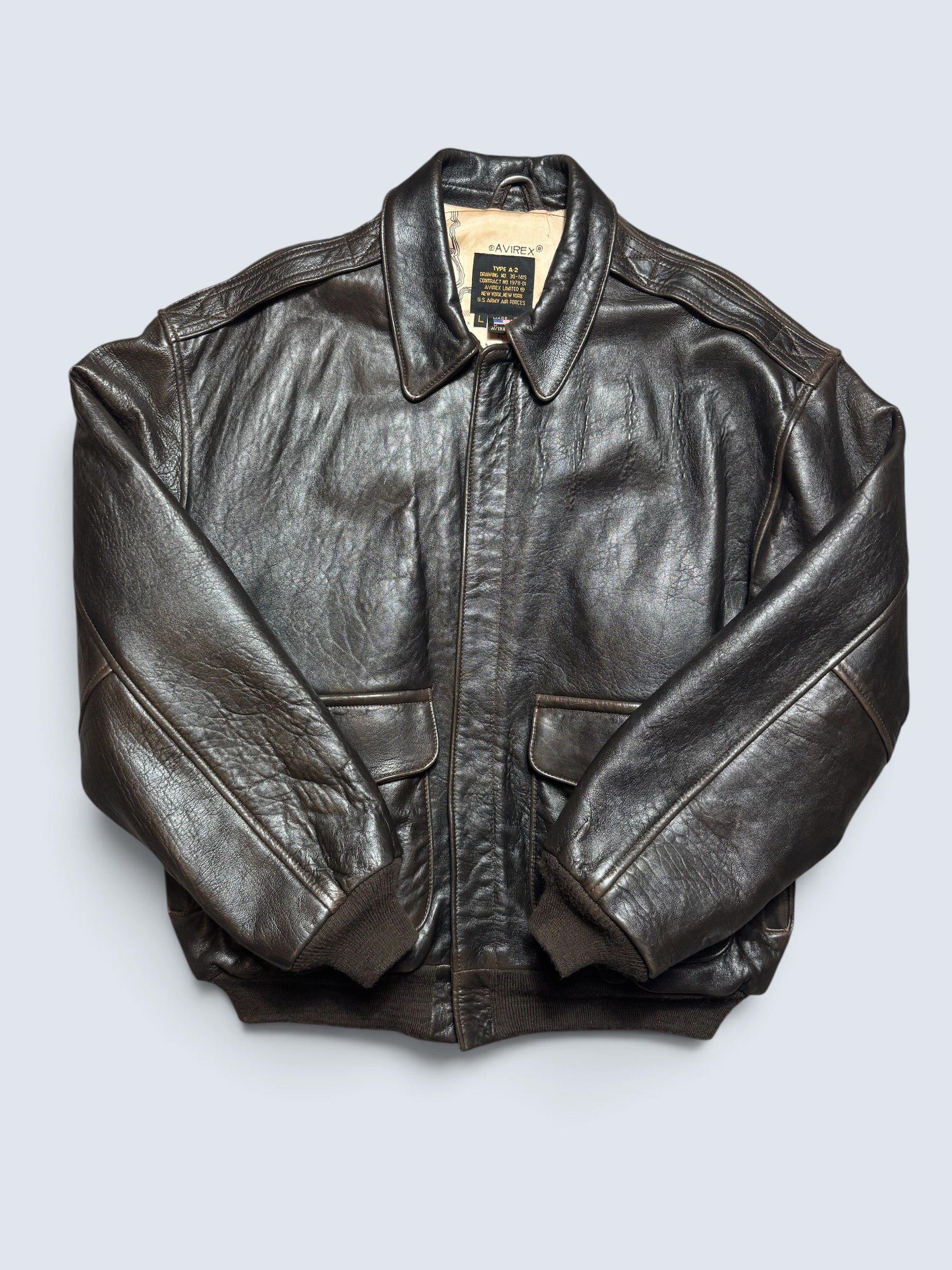 Jacket cuir cowhide flight A-2 Avirex made in USA usaf Glenn Millers nose art black 1989 - L
