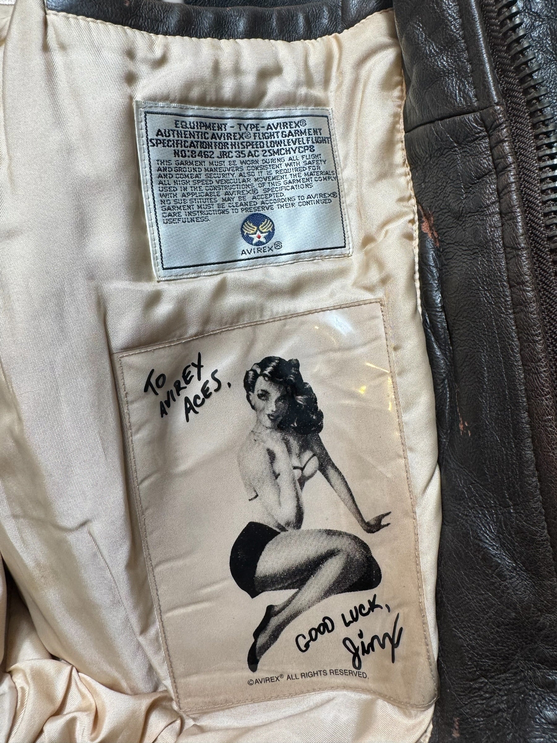 Jacket cuir cowhide flight A-2 Avirex usaf Glenn Millers nose art black 1998 - XL