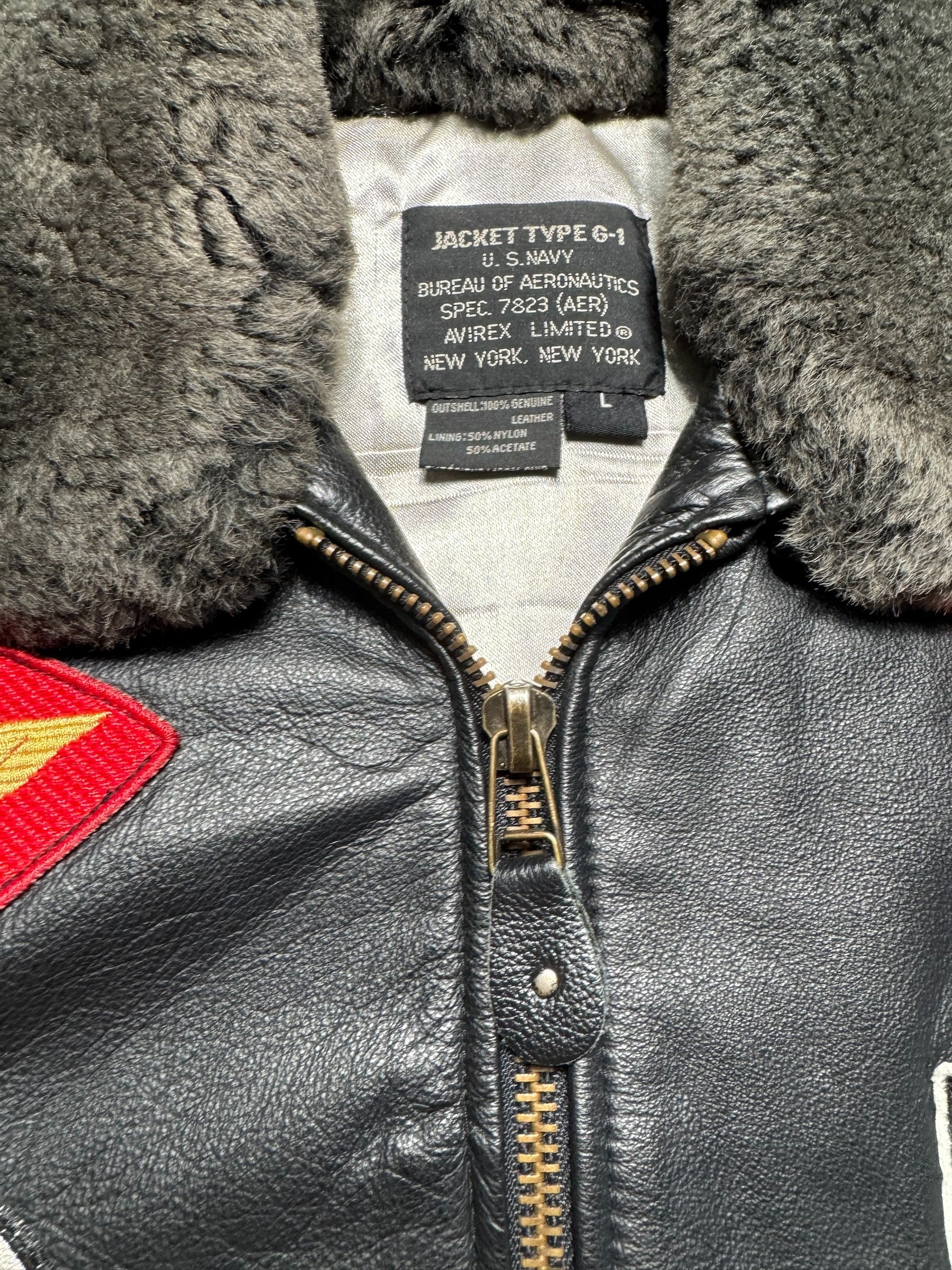 Jacket unisexe cuir cowhide flight G-1 Avirex LTD Top Gun usn full patch black 1998 - M