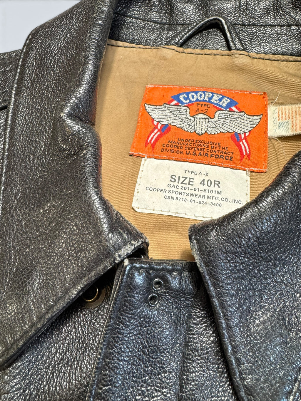 Jacket cuir goatskin flight A-2 Cooper usa usaf Nine-o-Nine nose art patch black 80’s - 40 (M)