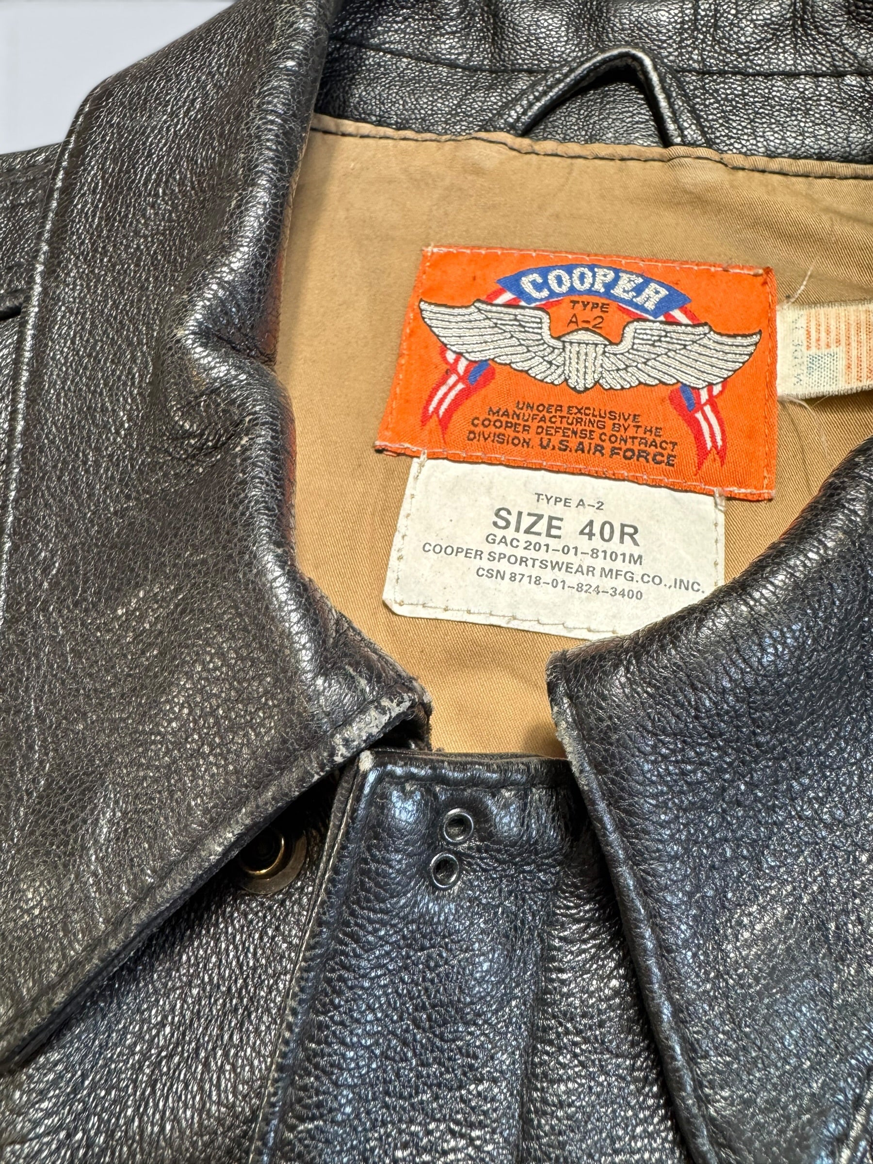 Jacket cuir goatskin flight A-2 Cooper usa usaf Nine-o-Nine nose art patch black 80’s - 40 (M)