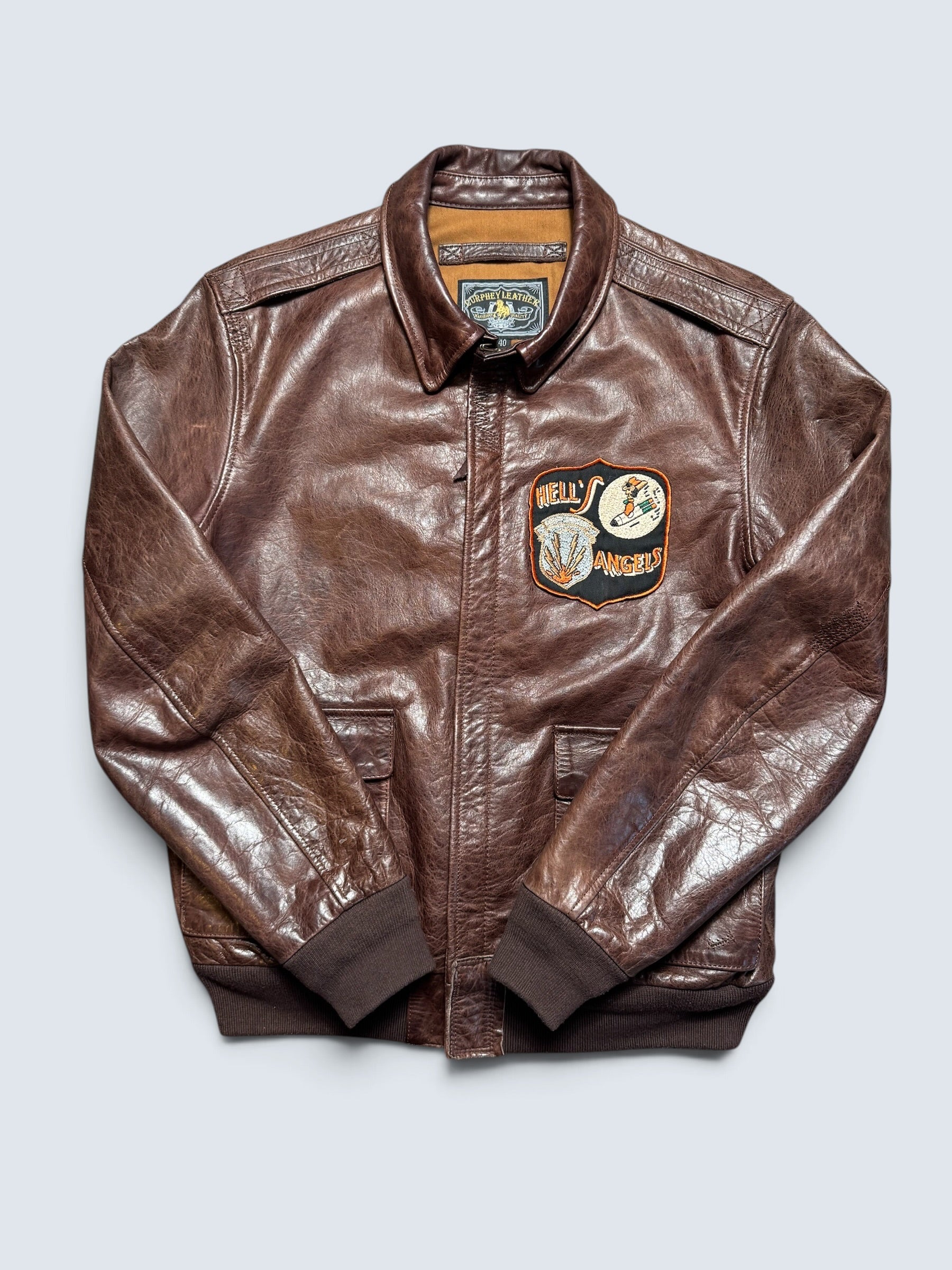 Jacket cuir horsehide flight A-2 Curphey Leather Hell's Angels patch & nose art usaf brown - 40 (M)