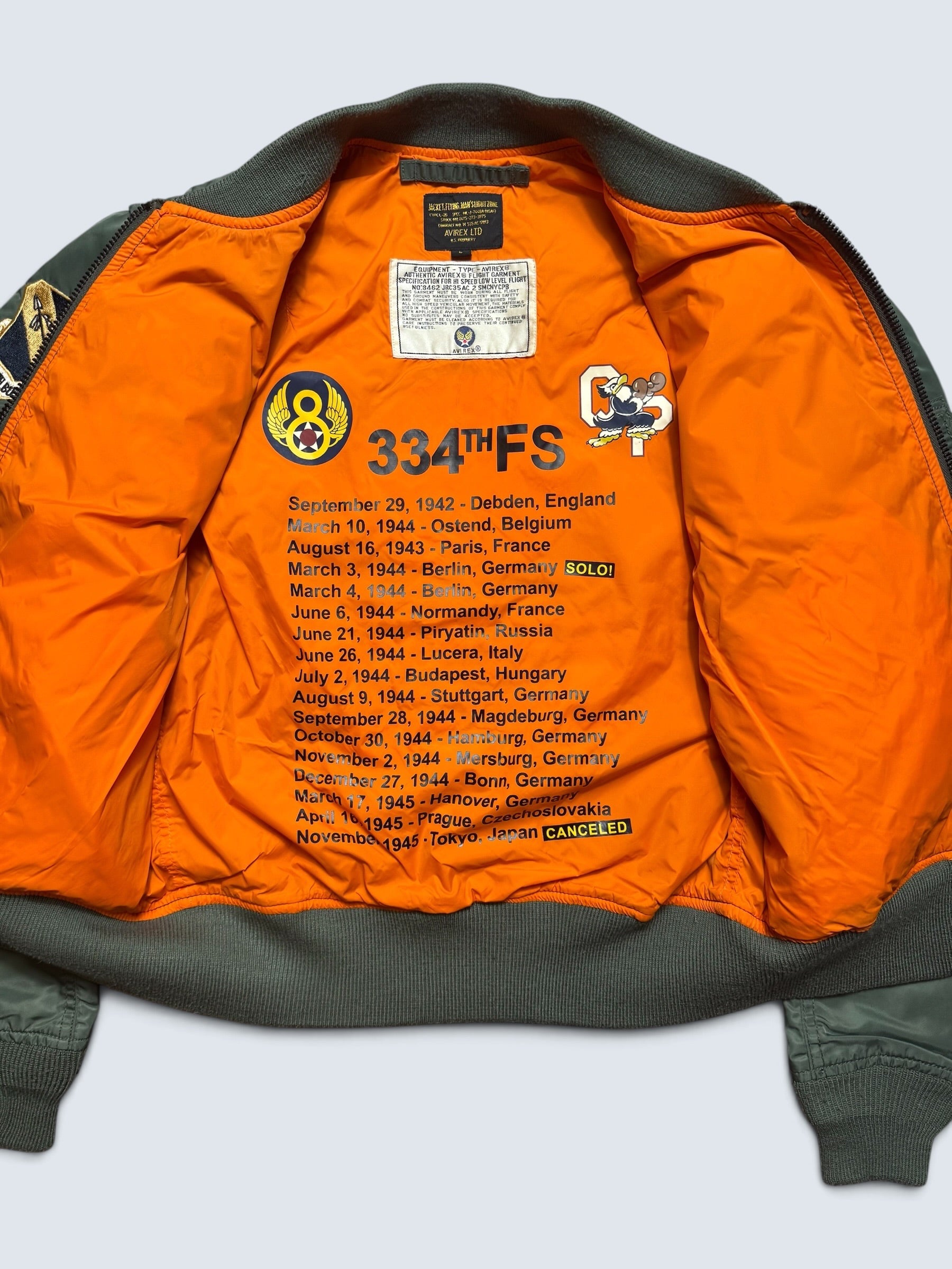 Jacket bomber flight L-2b Avirex LTD 334th FS usaf full patch kaki vintage 00’s - M