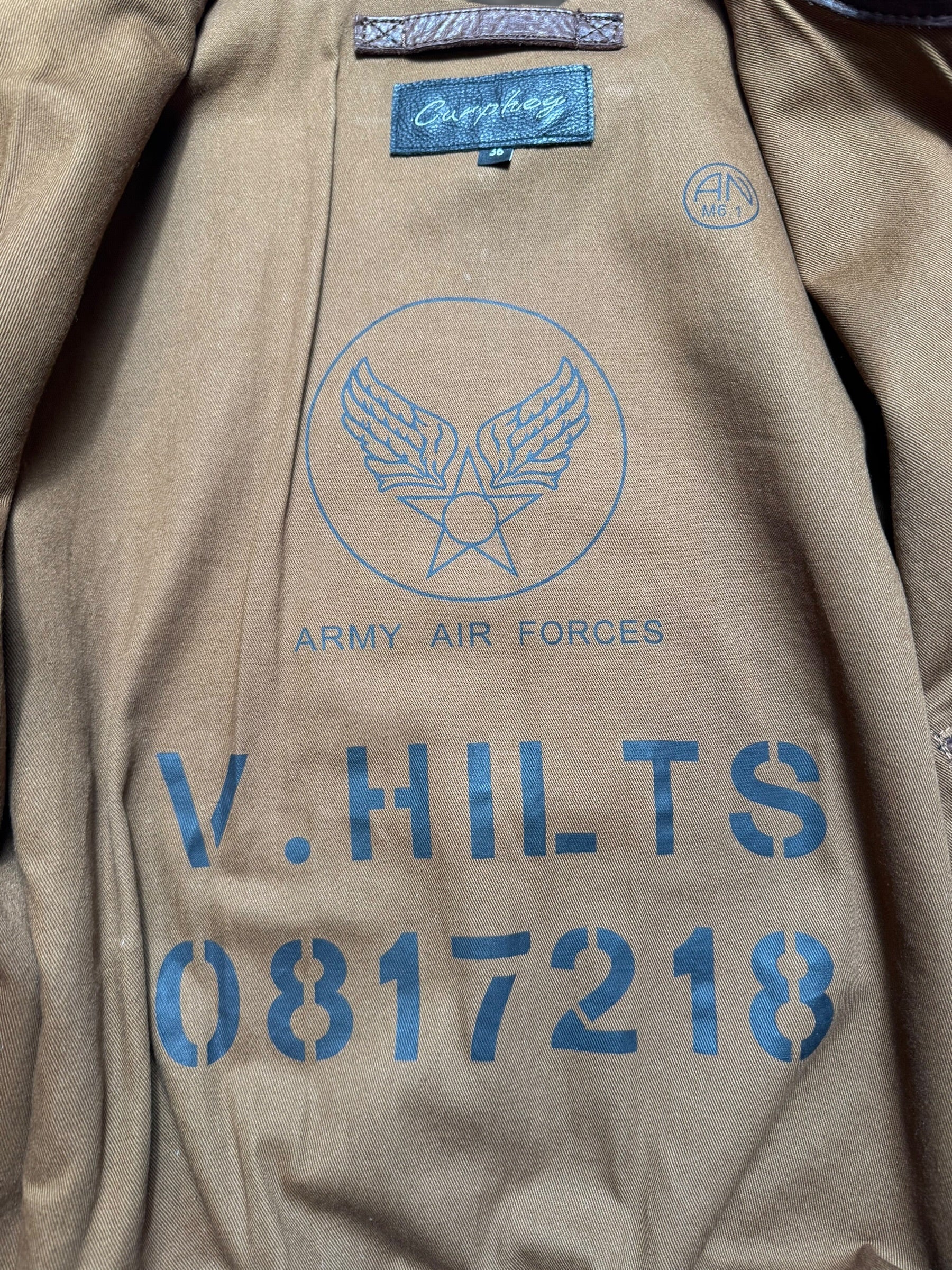 Jacket cuir horsehide flight A-2 Curphey Leather Hell's Angels patch & nose art usaf brown - 36 (S)
