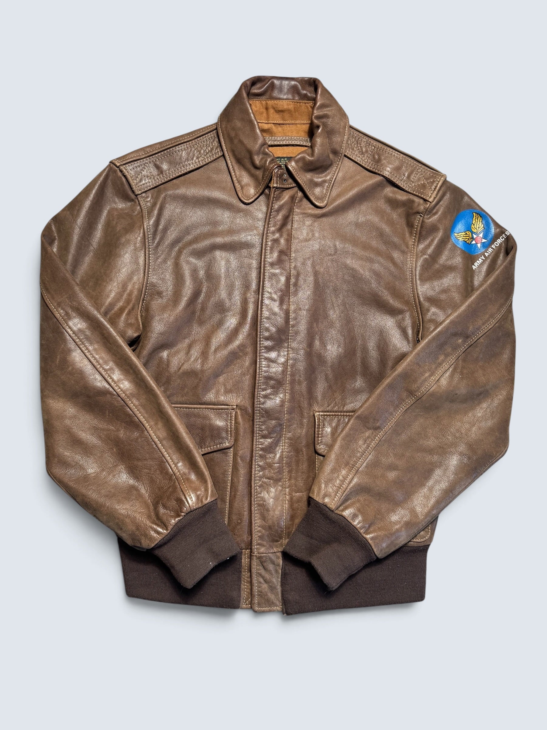Jacket cuir cowhide flight A-2 Willis & Geiger usa usaf patch brown 90’s - 36 (S/M)