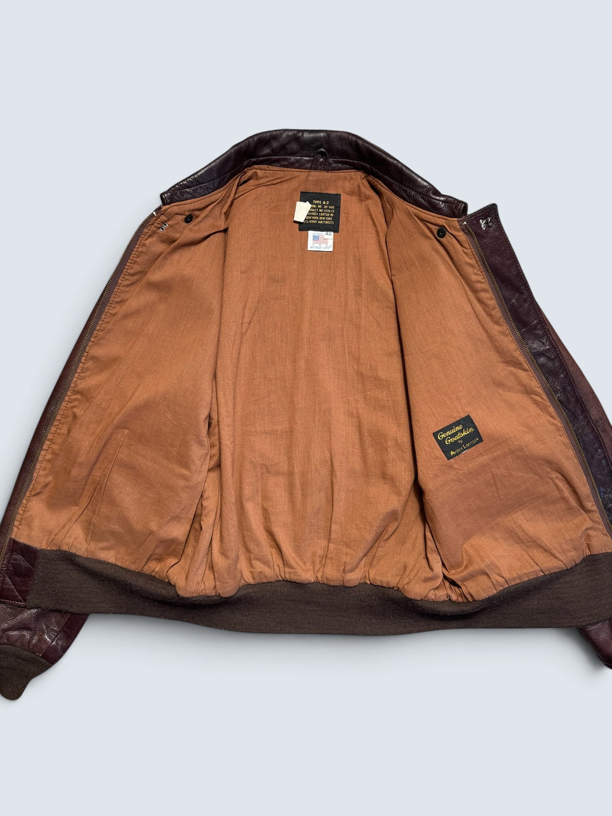 Jacket cuir goatskin flight A-2 Avirex made in USA usaf brown 70’s- 42 (L)