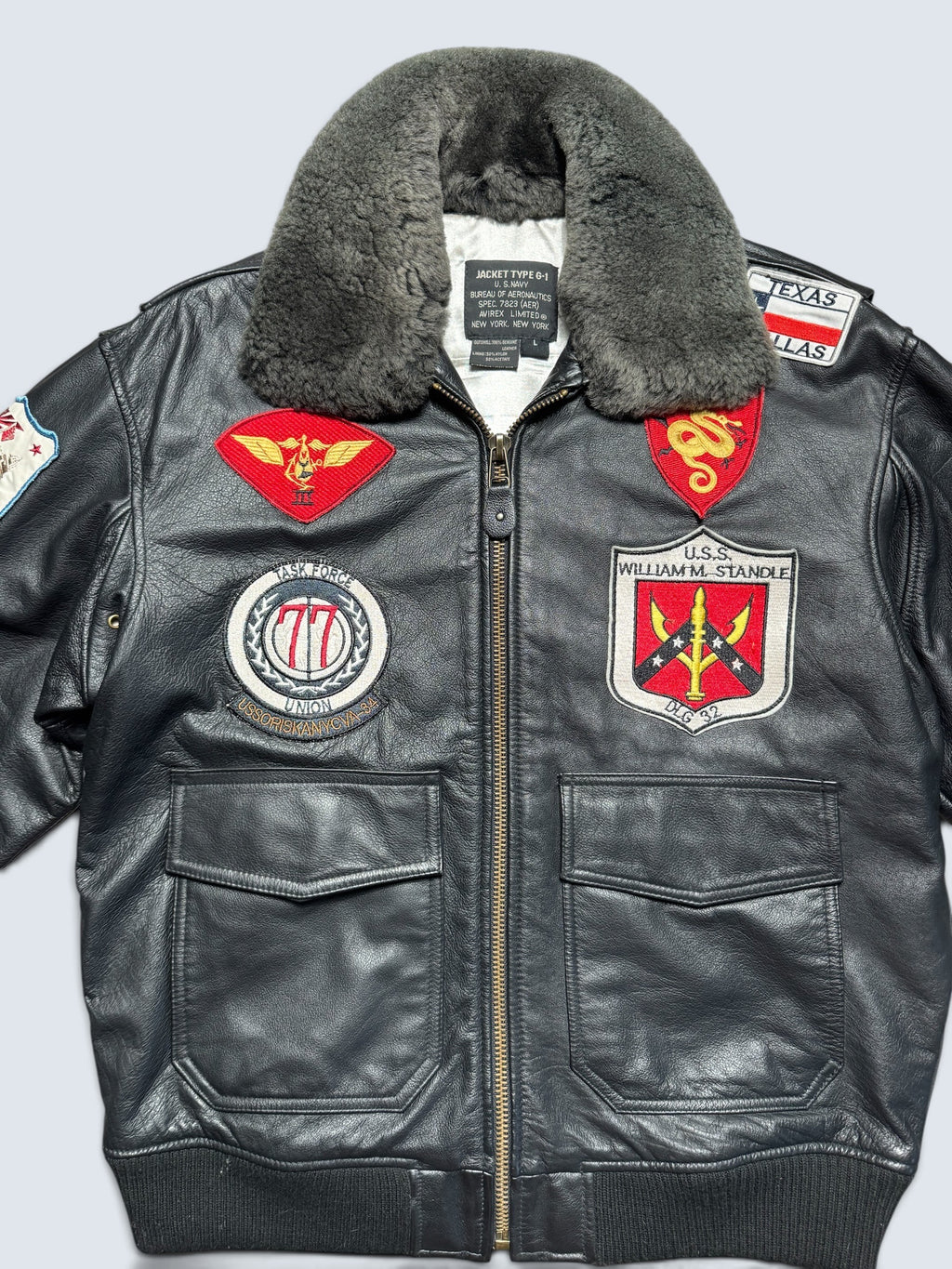 Jacket unisexe cuir cowhide flight G-1 Avirex LTD Top Gun usn full patch black 1998 - M