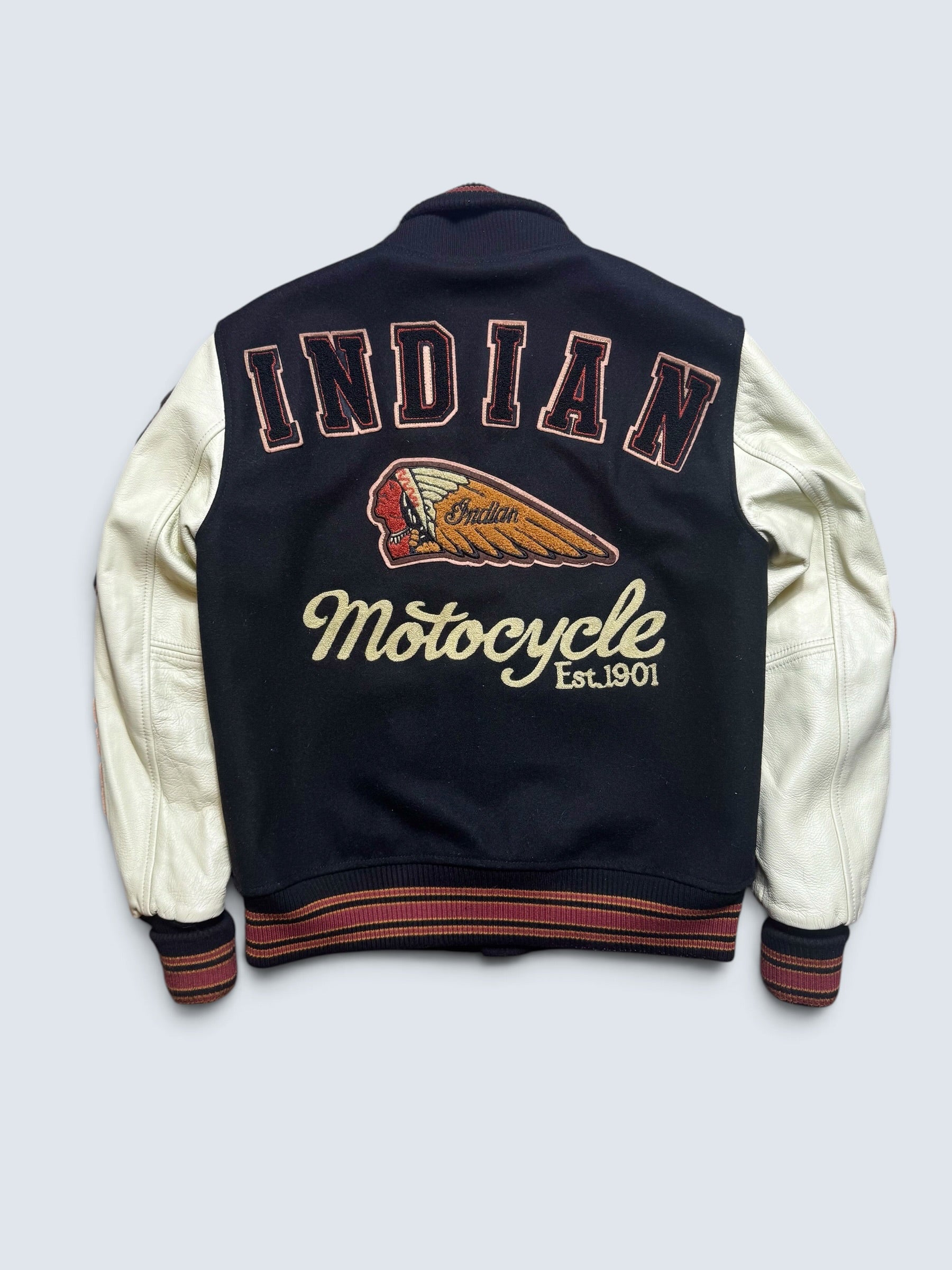 Jacket teddy varsity cuir Indian Motorcycle Japan edition black & white 00's - S
