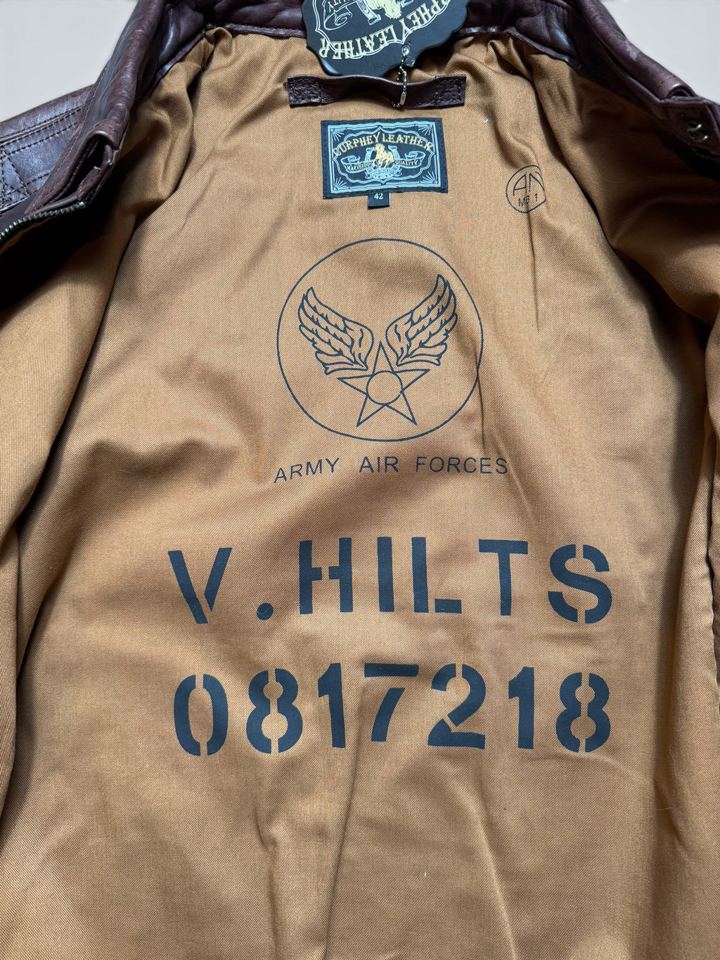 Jacket cuir horsehide flight A-2 Curphey Leather Hell's Angels patch & nose art usaf brown - 42 (L)