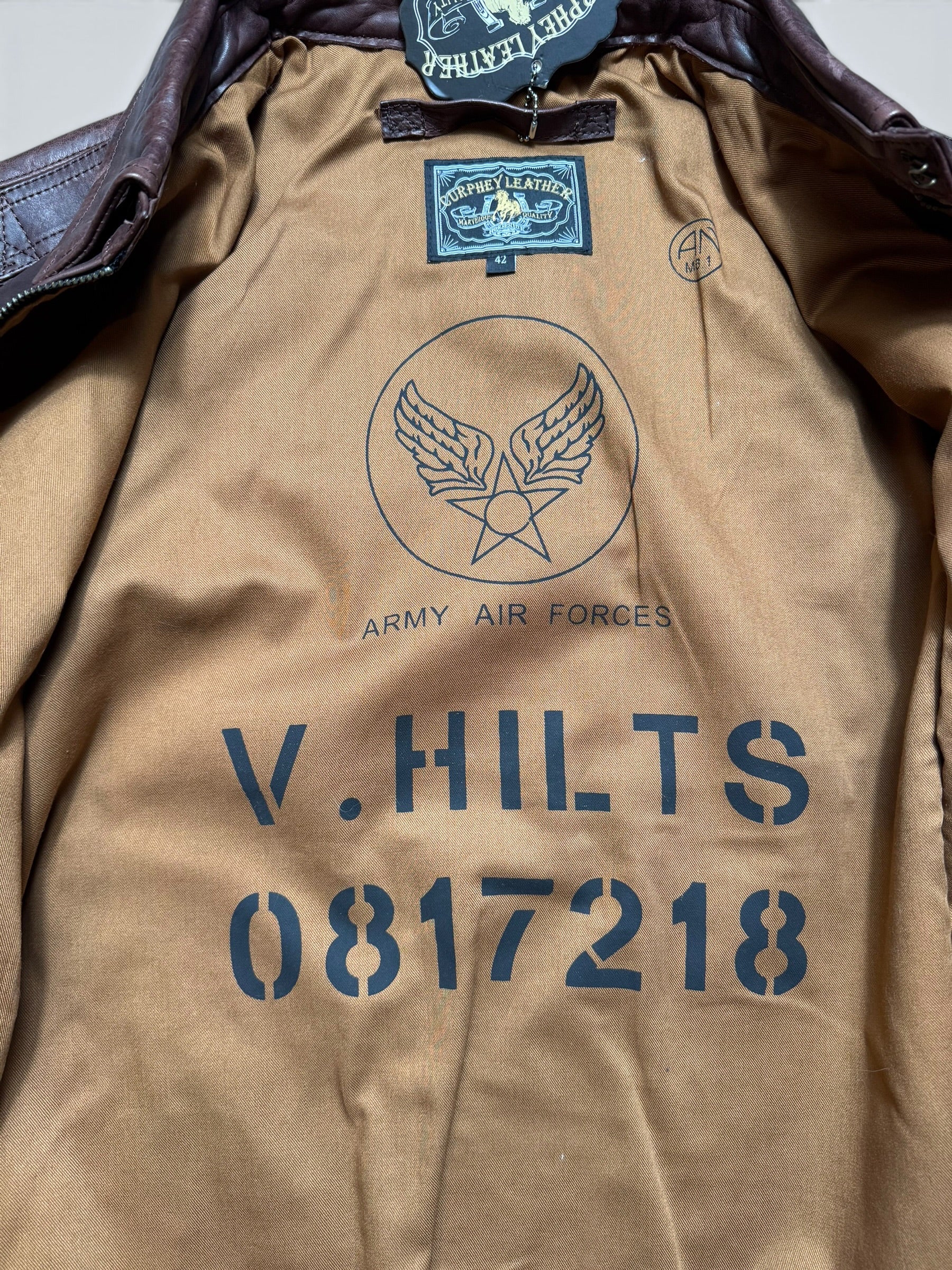 Jacket cuir horsehide flight A-2 Curphey Leather Hell's Angels patch & nose art usaf brown - 42 (L)