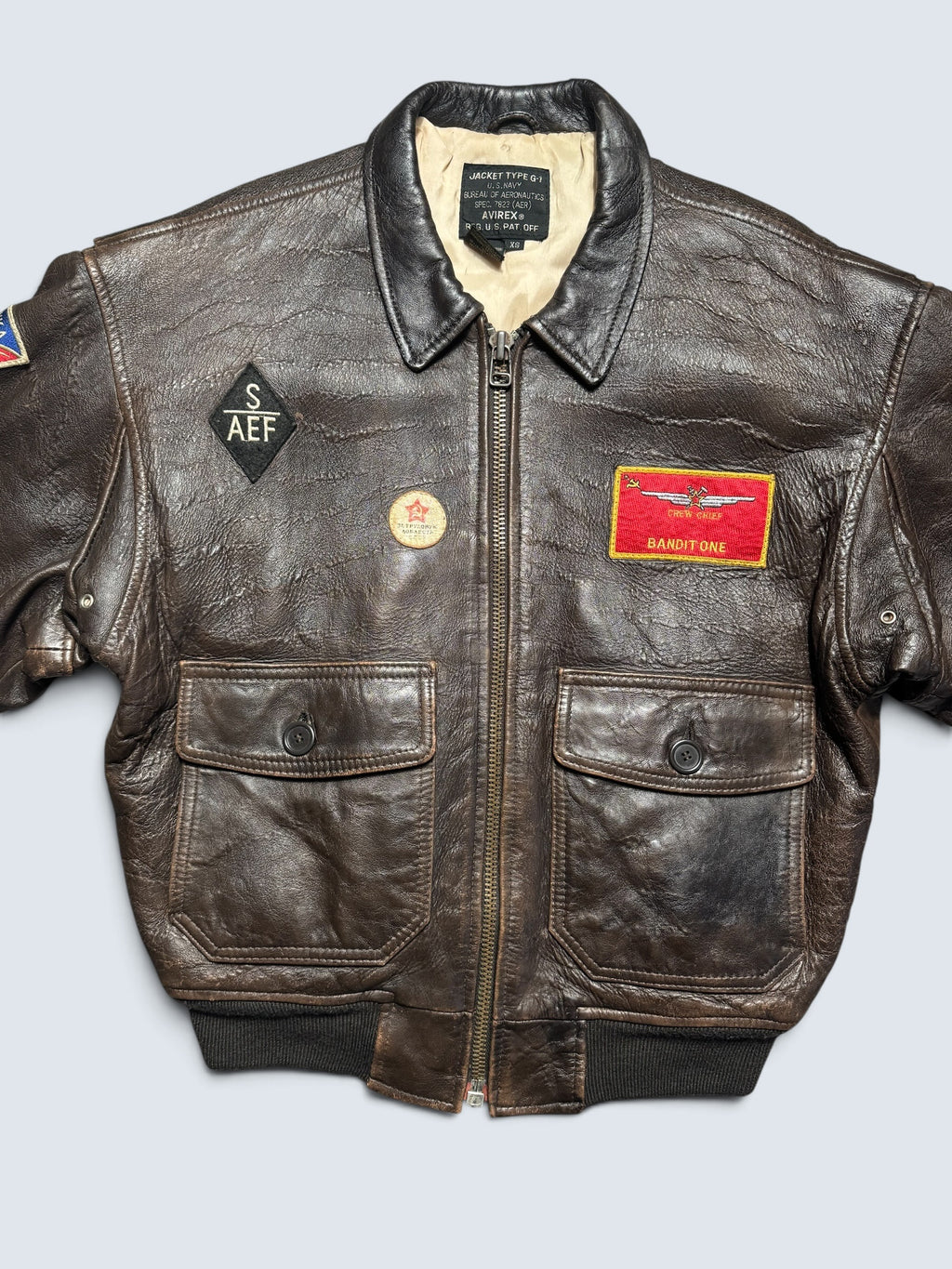 Jacket cuir cowhide flight G-1 Avirex usn full patch Mig-29 brown 1990 - XS/S