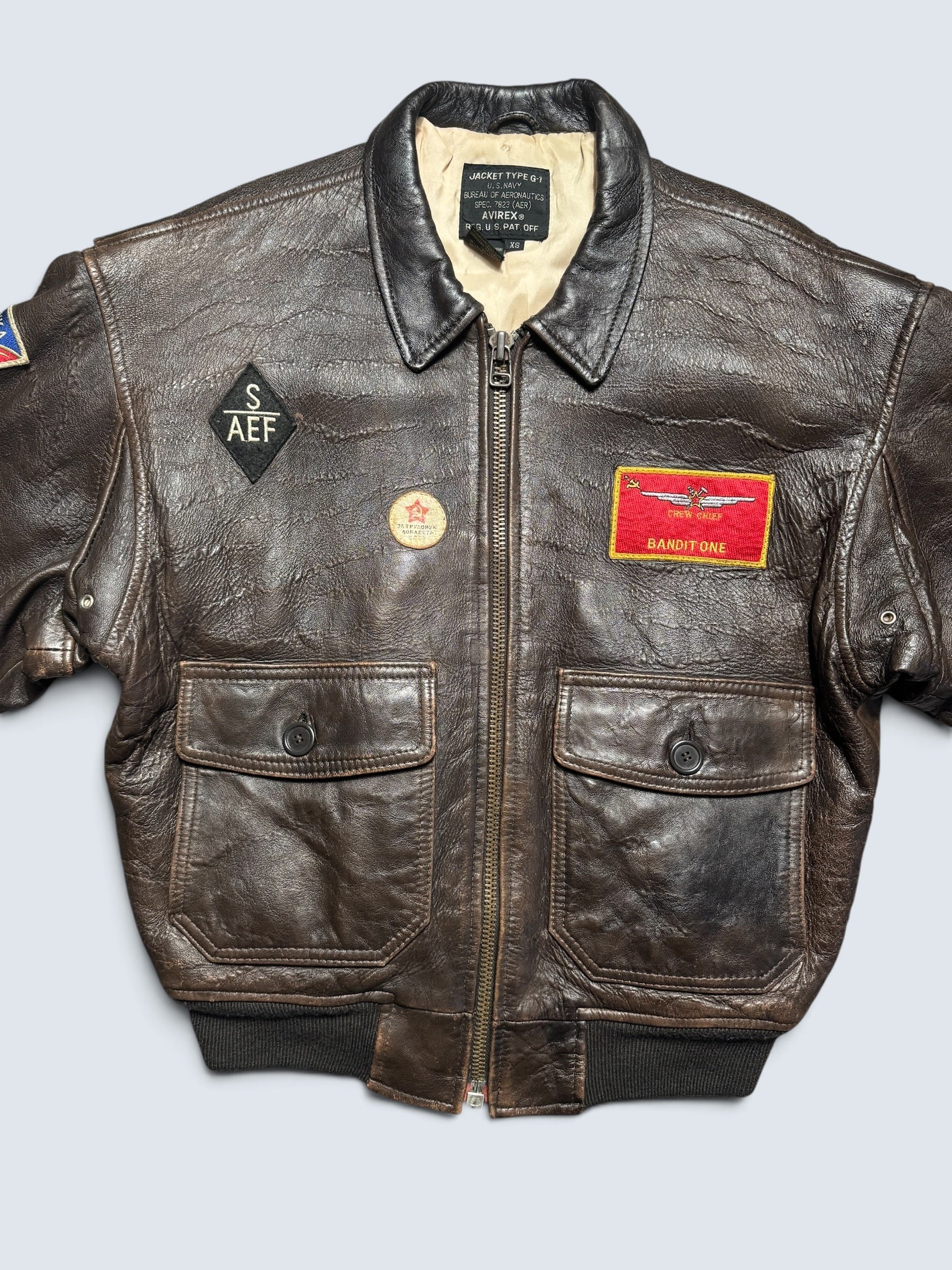 Jacket cuir cowhide flight G-1 Avirex usn full patch Mig-29 brown 1990 - XS/S
