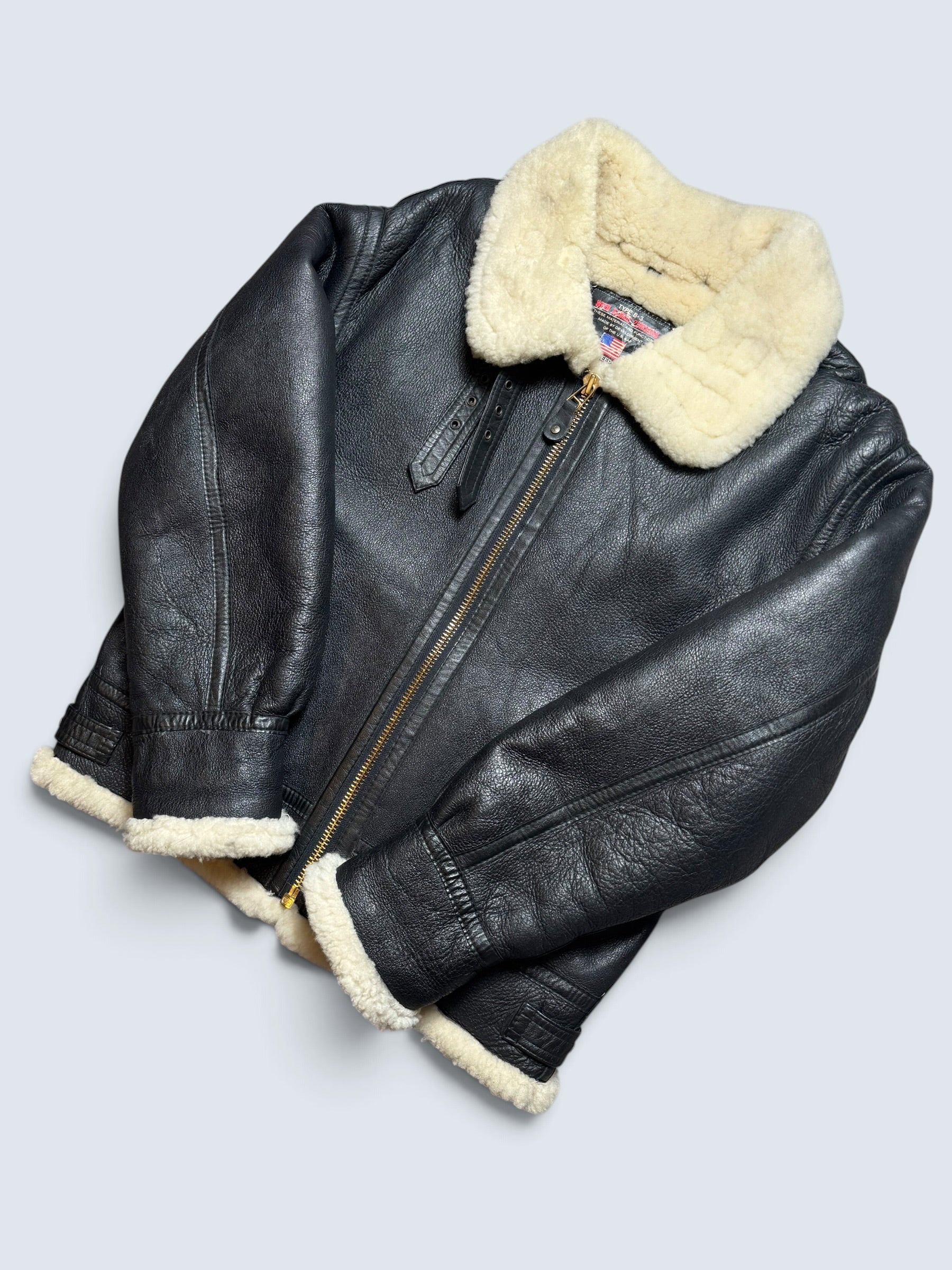 Jacket cuir bomber flight shearling B-3 Wind Armor usaf black vintage 90’s - M