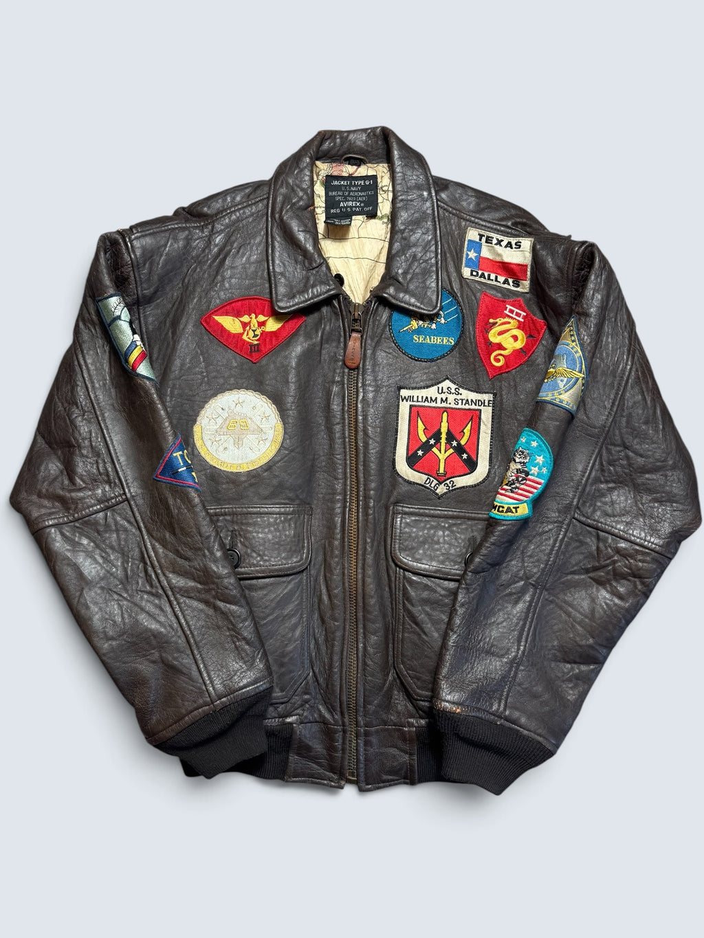 Jacket cuir cowhide flight G-1 Avirex Top Gun usn full patch black vintage 90’s - S/M