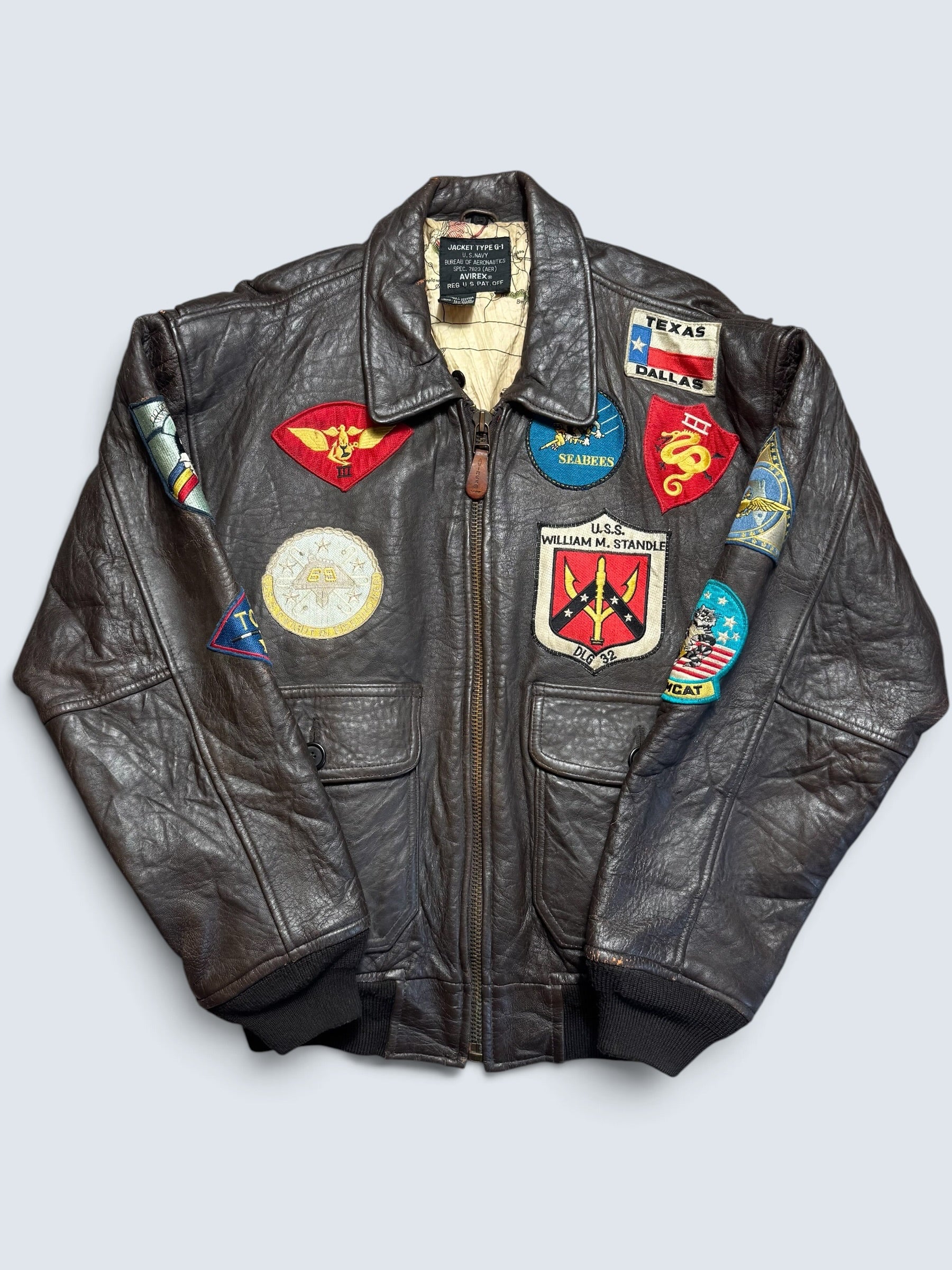 Jacket cuir cowhide flight G-1 Avirex Top Gun usn full patch black vintage 90’s - S/M