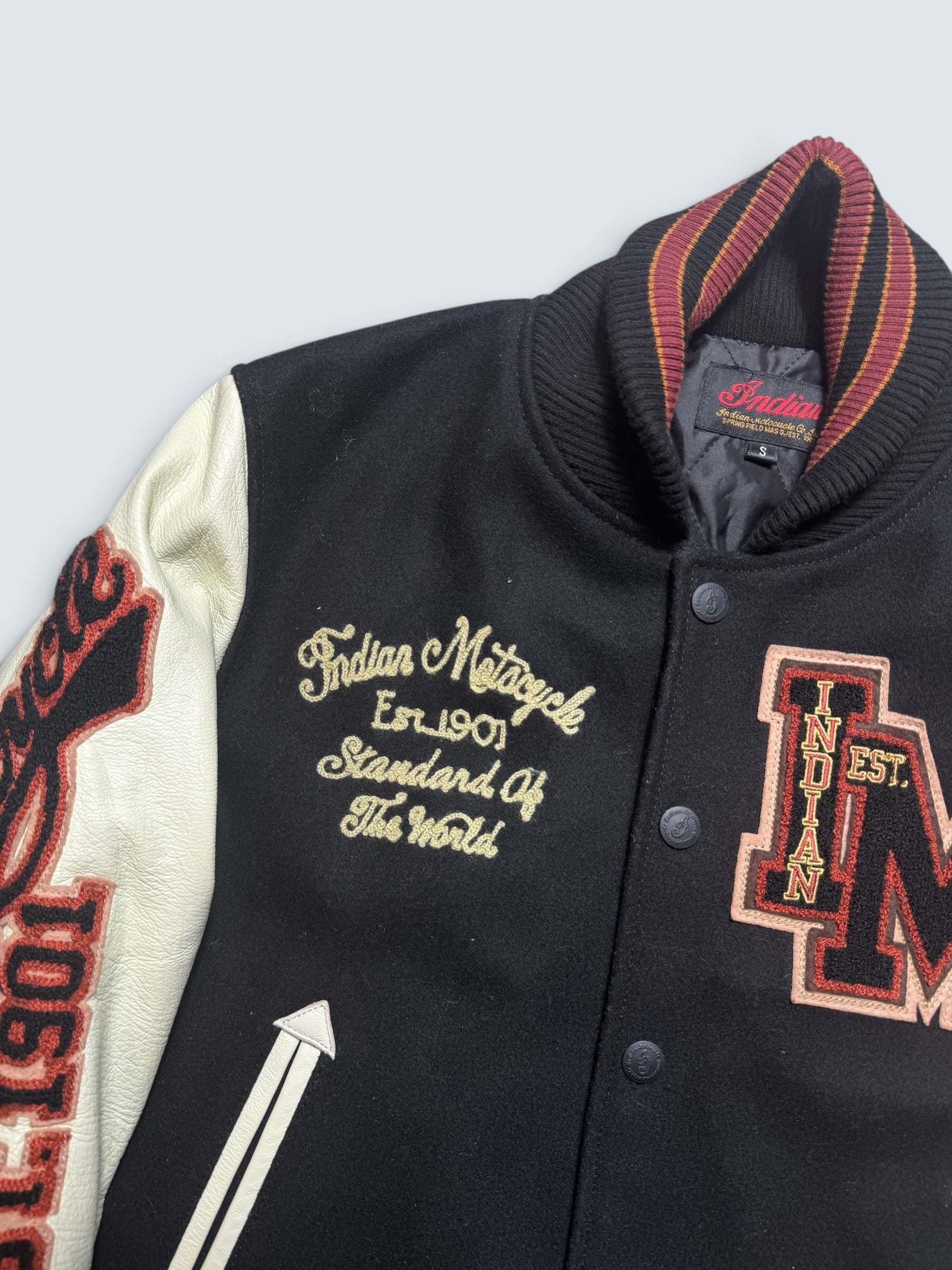 Jacket teddy varsity cuir Indian Motorcycle Japan edition black & white 00's - S