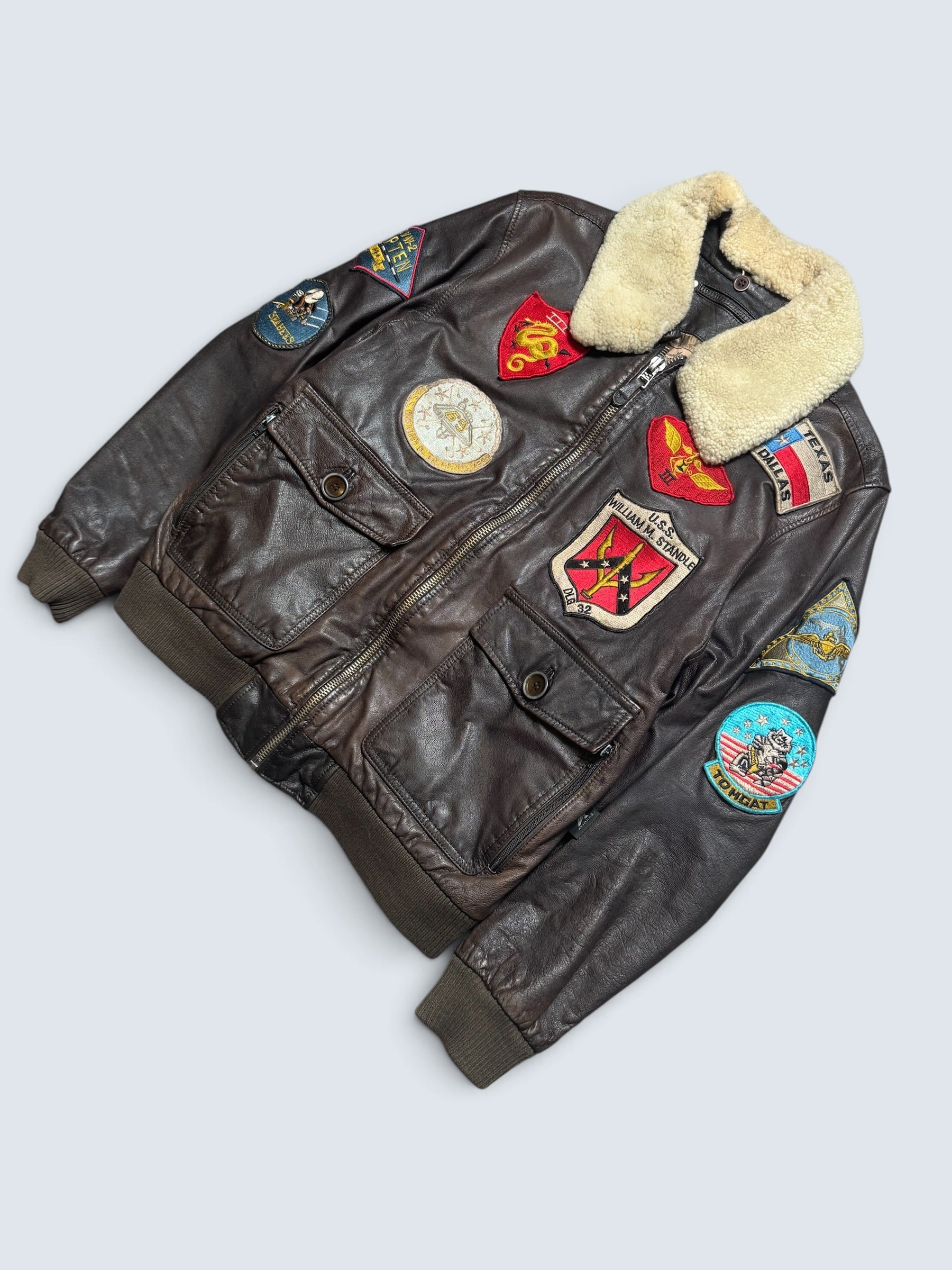 Jacket cuir cowhide flight G-1 Avirex LTD Japan exclusive Top Gun usn full patch brown 90’s - S