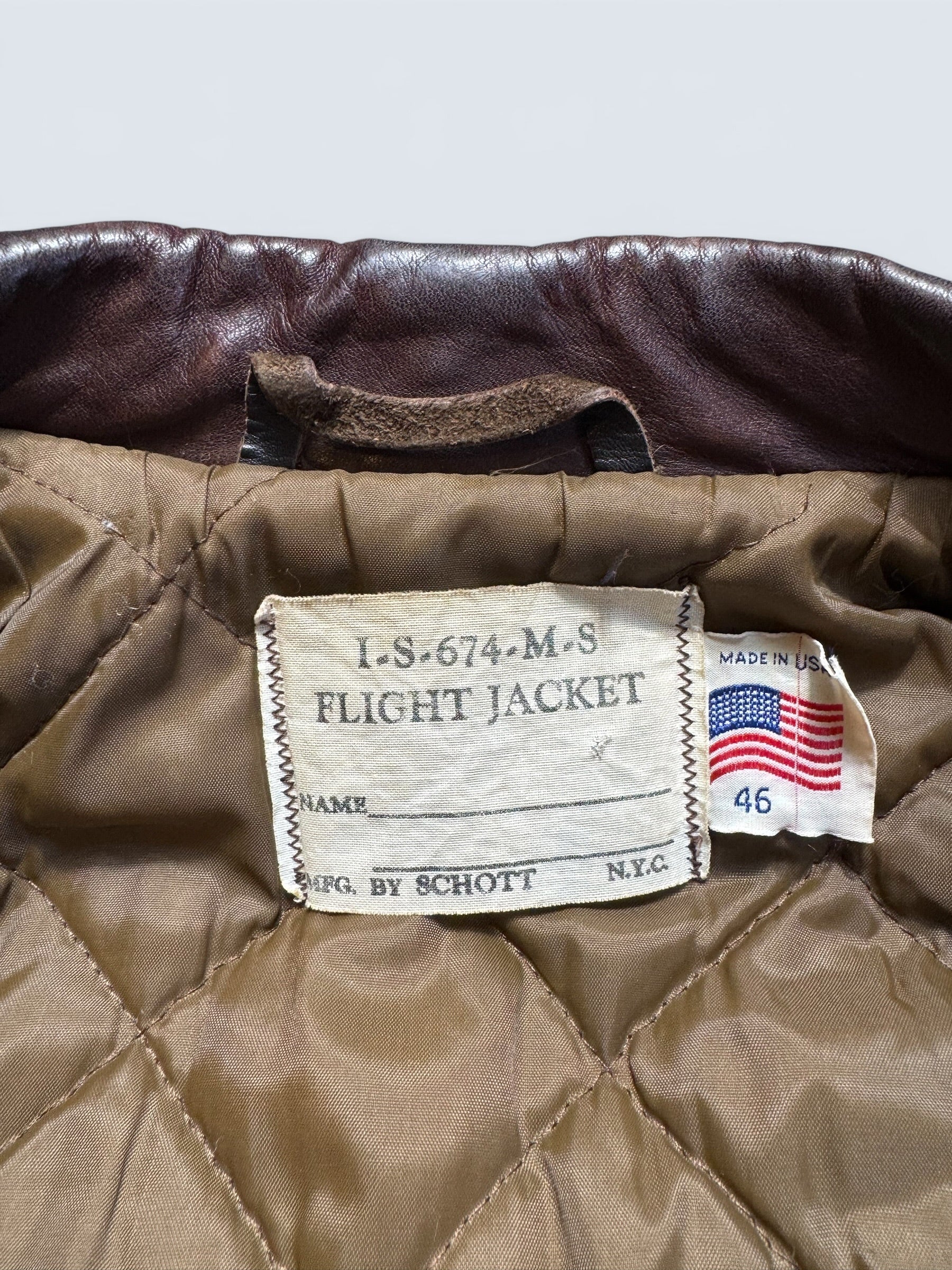 Jacket cuir cowhide flight bomber Schott NYC 674MS made in USA brown 70’s - 46 (XL)