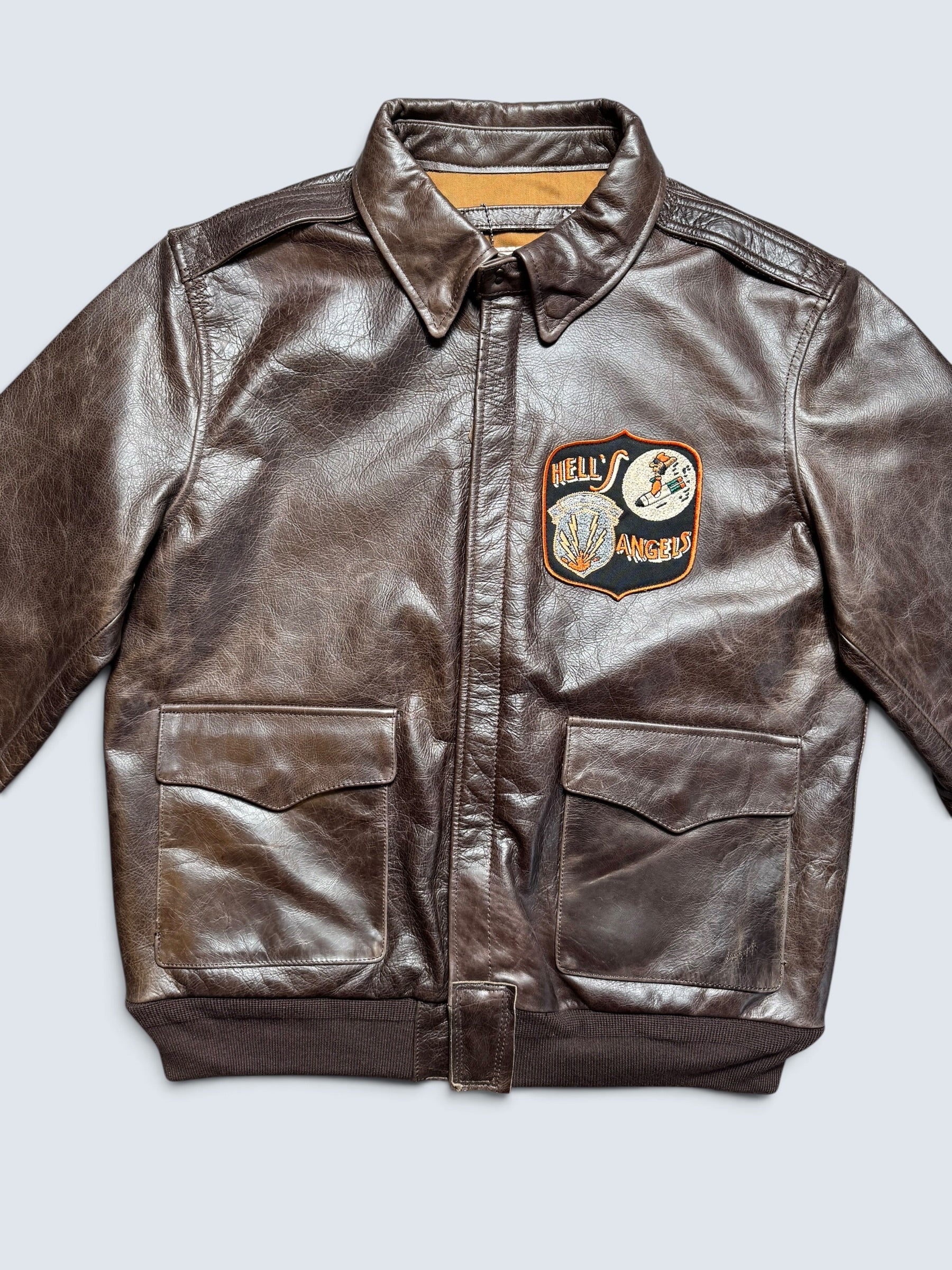 Jacket cuir horsehide flight A-2 Curphey Leather Hell's Angels patch & nose art usaf brown - 42 (L)