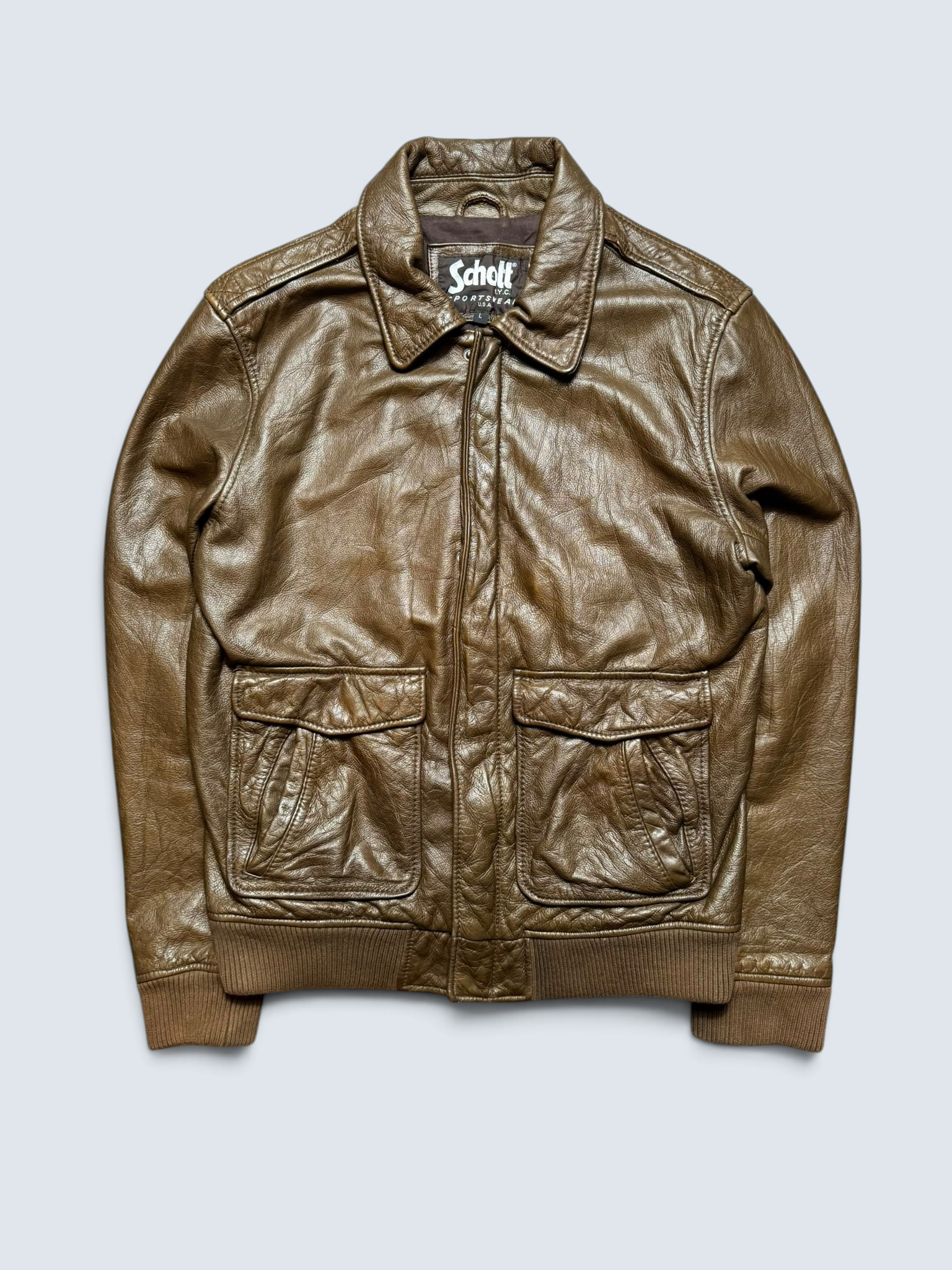 Jacket cuir bomber flight Schott NYC USA brown vintage 90’s - L