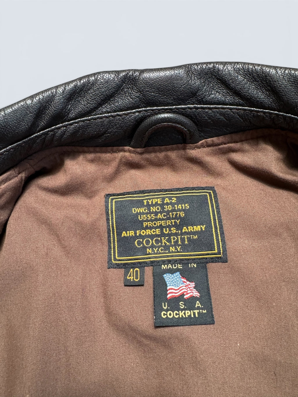 Jacket cuir goatskin flight A-2 Cockpit made in usa usaf Menphis Belle nose art patch black - 40 (L/XL)