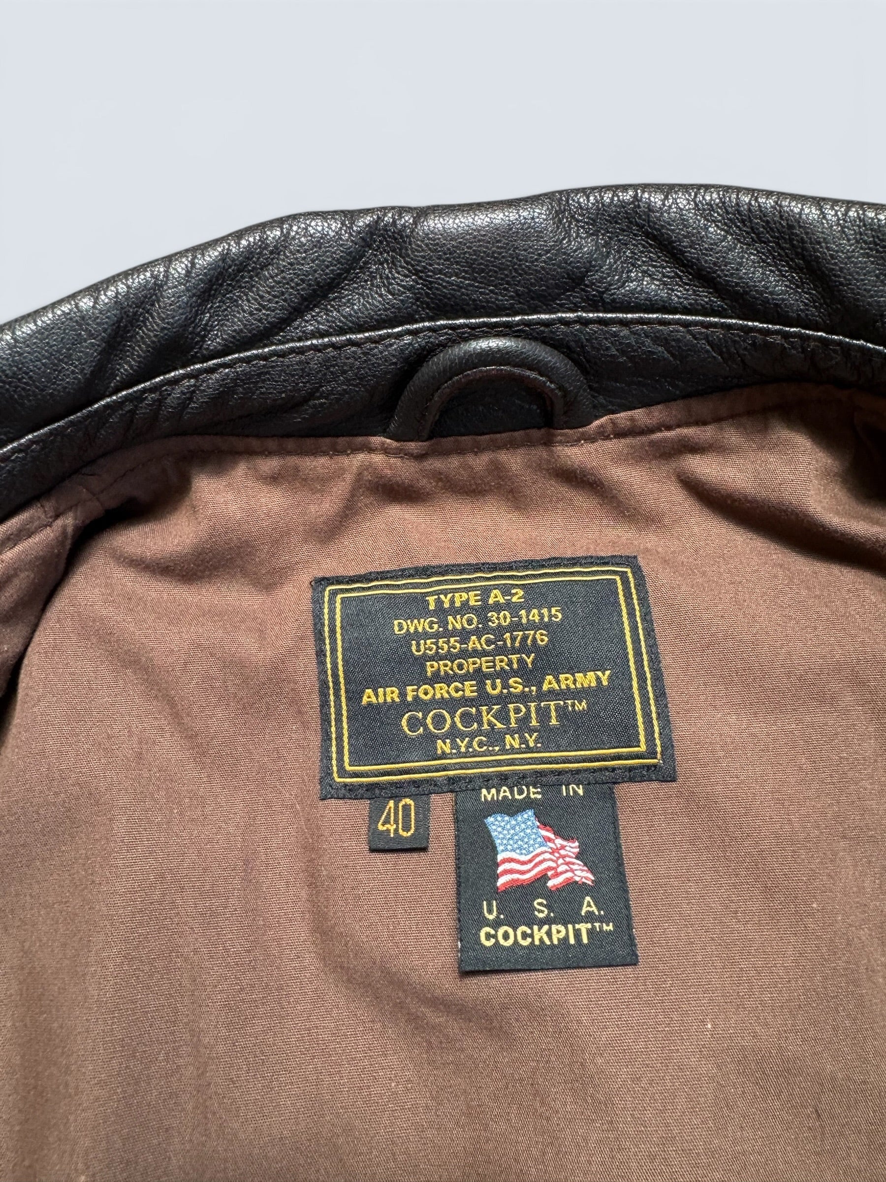 Jacket cuir goatskin flight A-2 Cockpit made in usa usaf Menphis Belle nose art patch black - 40 (L/XL)