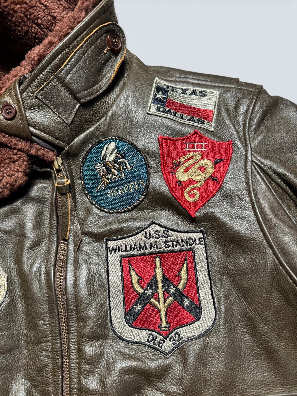 Jacket cuir cowhide flight G-1 Avirex LTD Japan exclusive Top Gun usn full patch brown 00’s - L