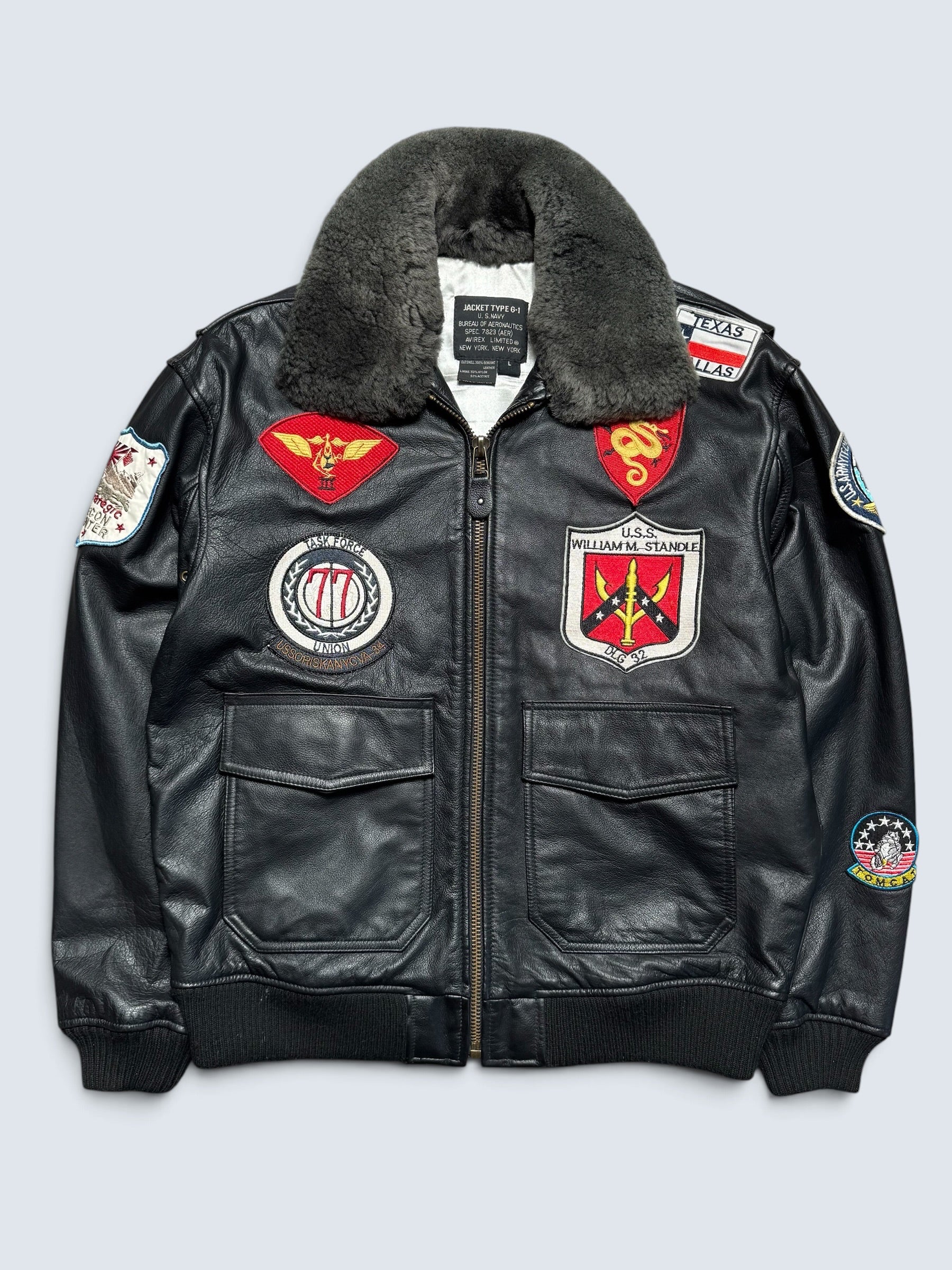 Jacket unisexe cuir cowhide flight G-1 Avirex LTD Top Gun usn full patch black 1998 - M