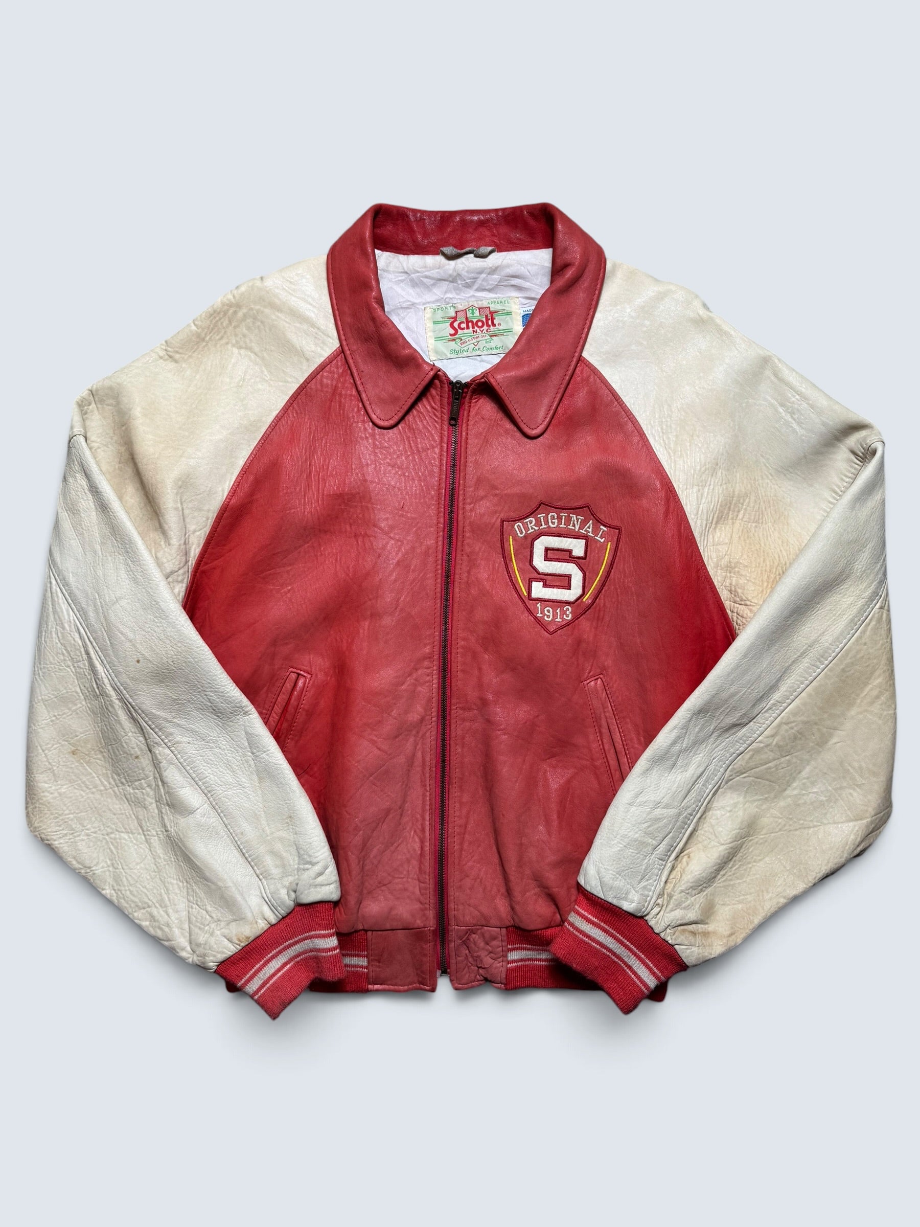 Jacket cuir varsity baseball stadium Schott NYC made in USA red white vintage 80/90’s - XL