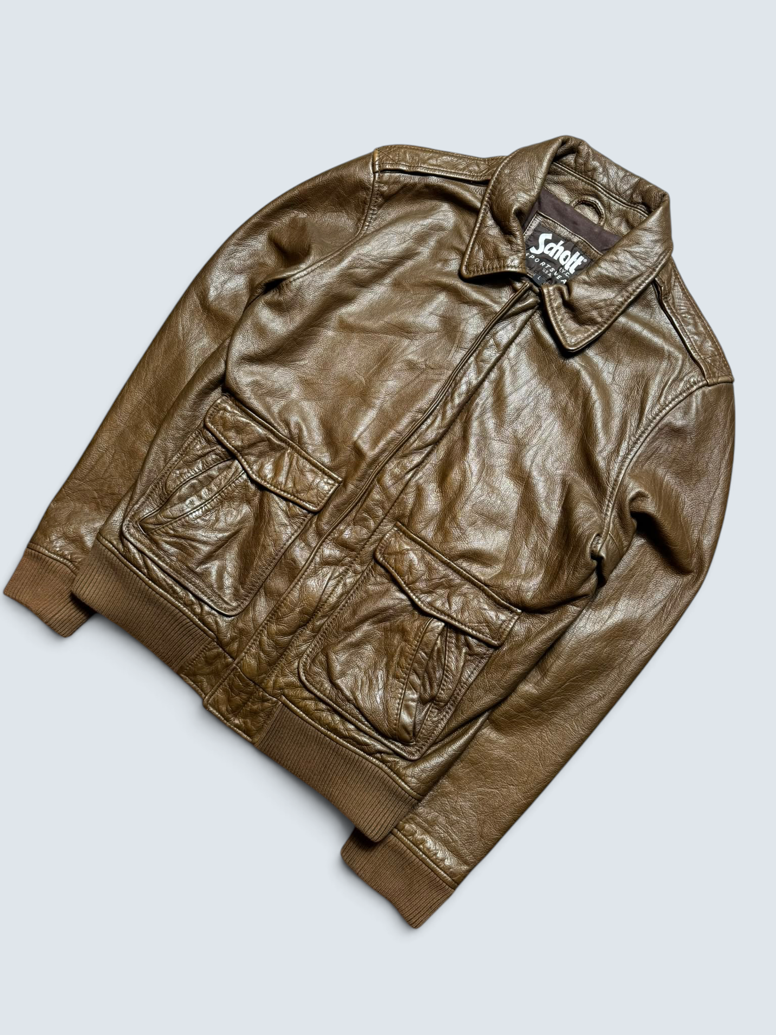 Jacket cuir bomber flight Schott NYC USA brown vintage 90’s - L