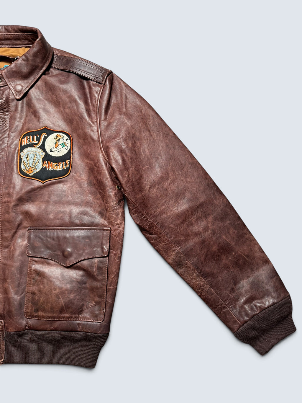Jacket cuir horsehide flight A-2 Curphey Leather Hell's Angels patch & nose art usaf brown - 42 (L)