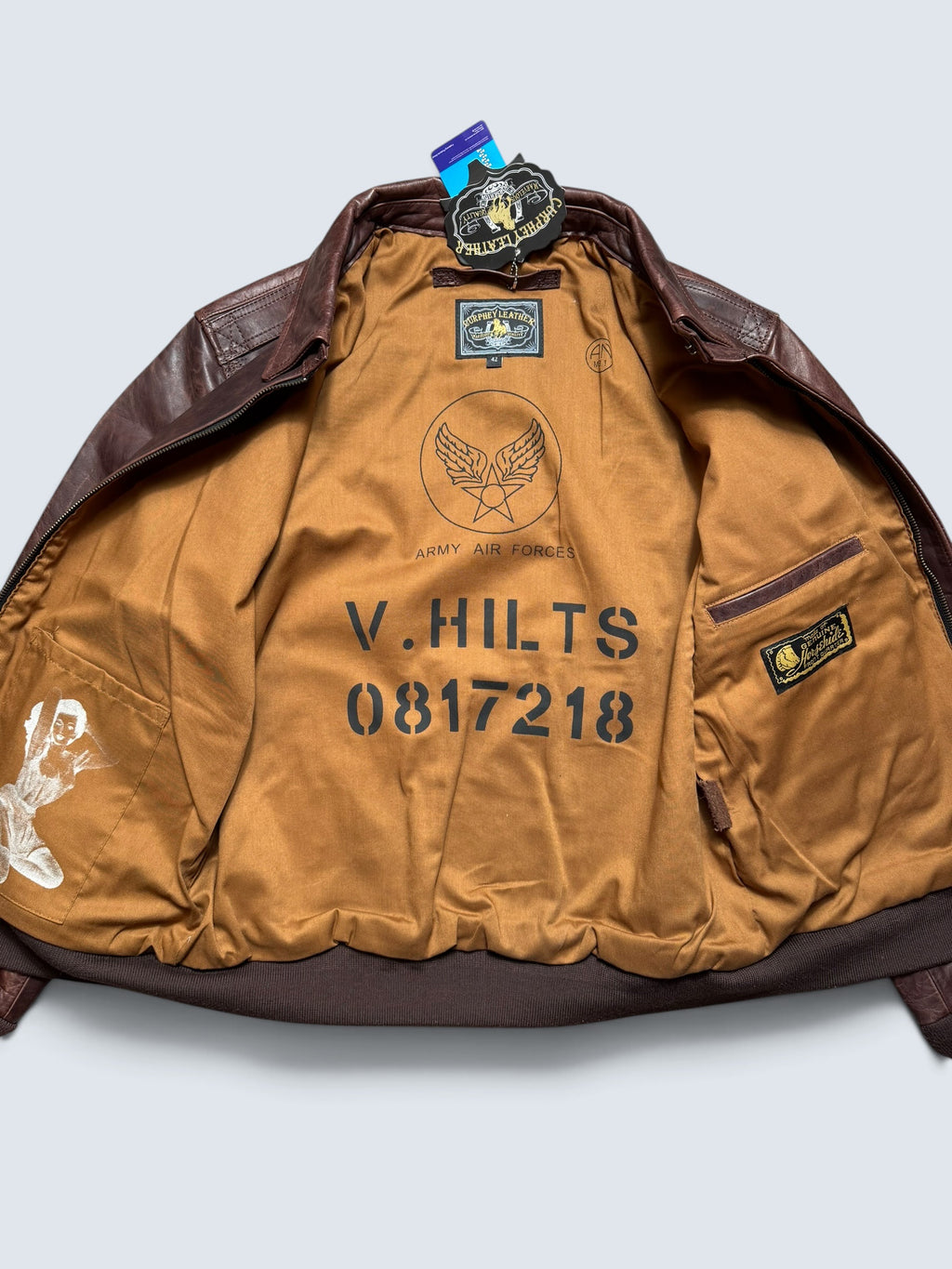 Jacket cuir horsehide flight A-2 Curphey Leather Hell's Angels patch & nose art usaf brown - 42 (L)