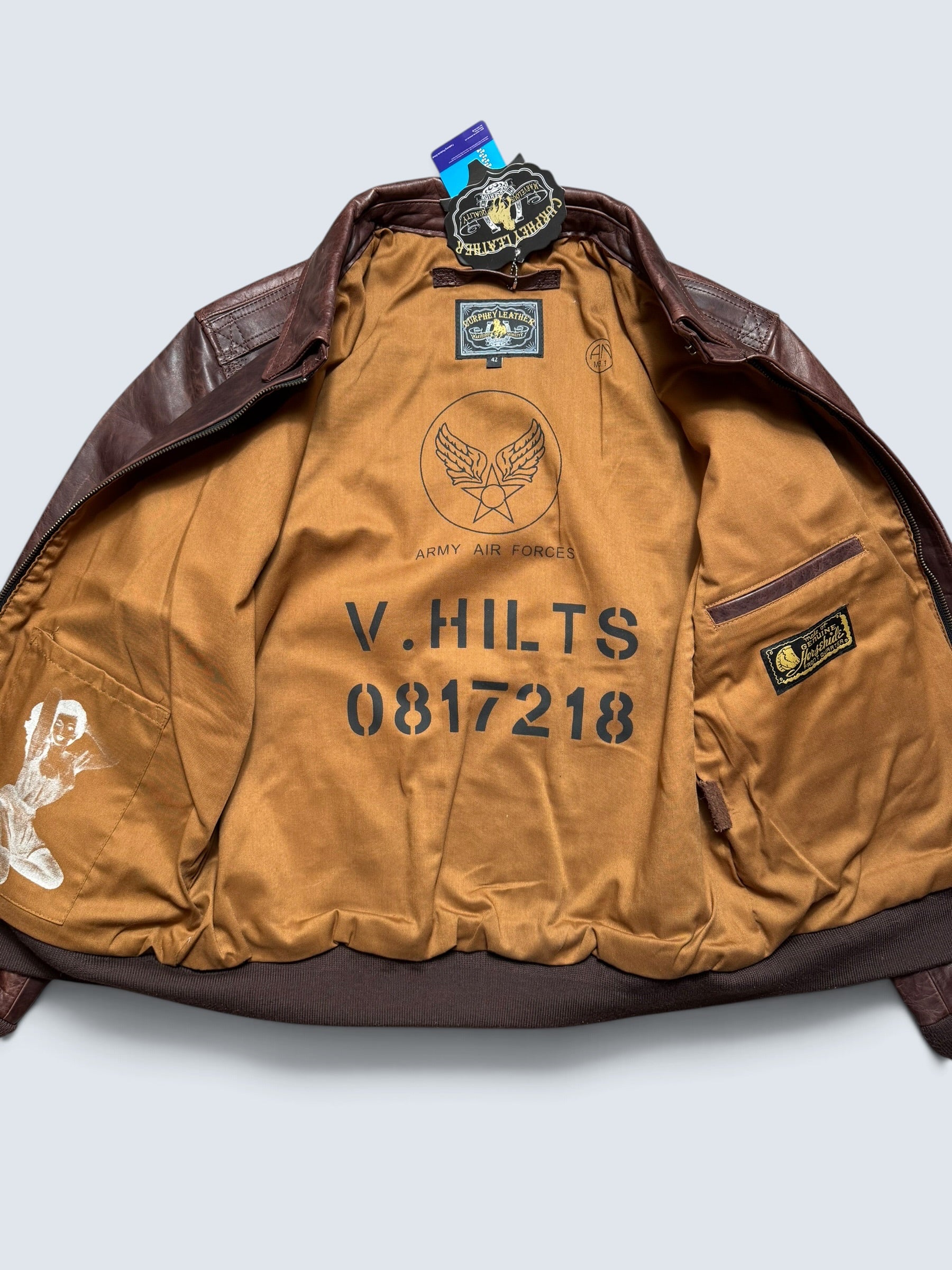 Jacket cuir horsehide flight A-2 Curphey Leather Hell's Angels patch & nose art usaf brown - 42 (L)