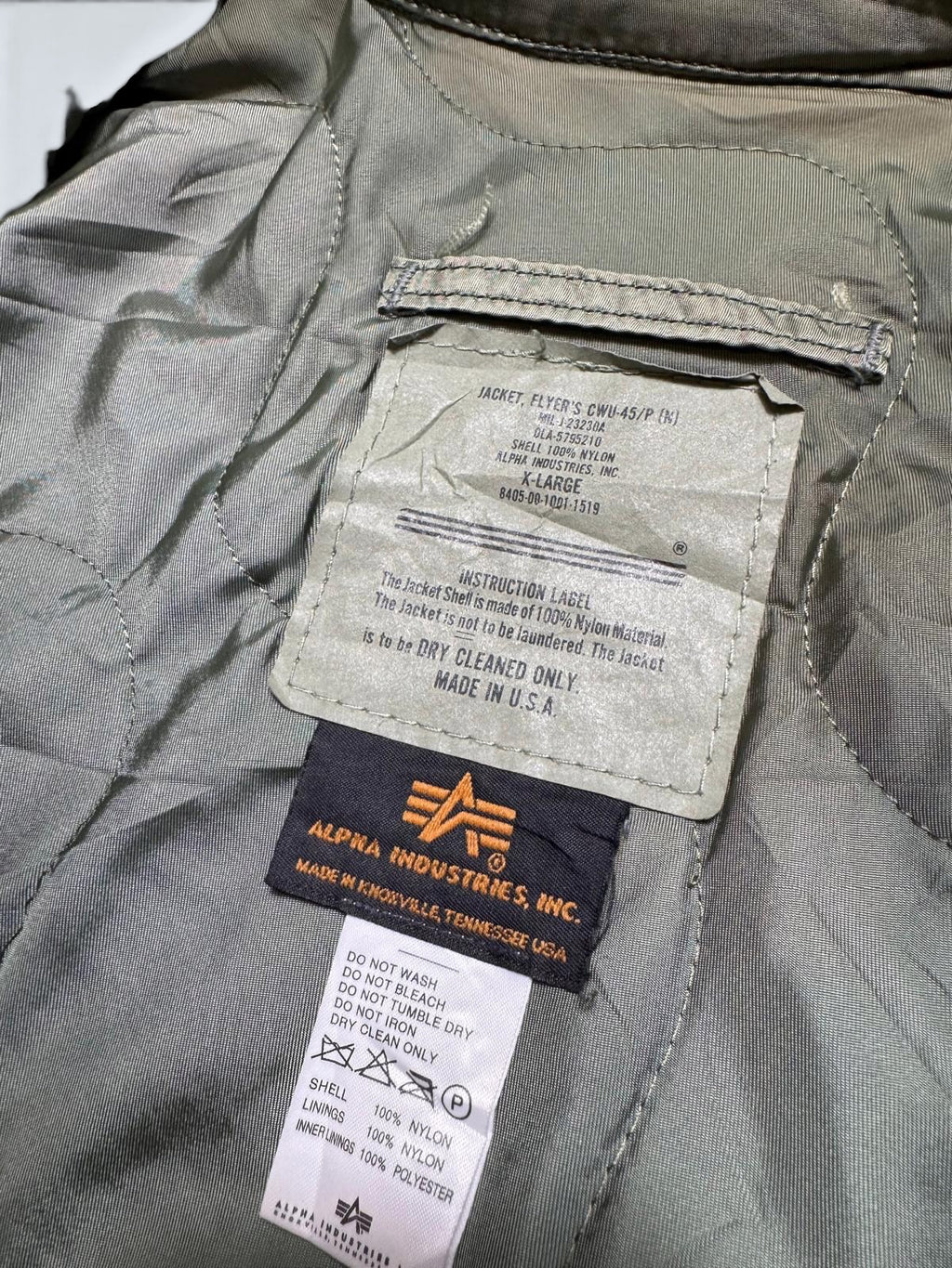 Jacket nylon flight CWU-45/P Alpha Industries made in USA usaf patch sage green 90’s - XL