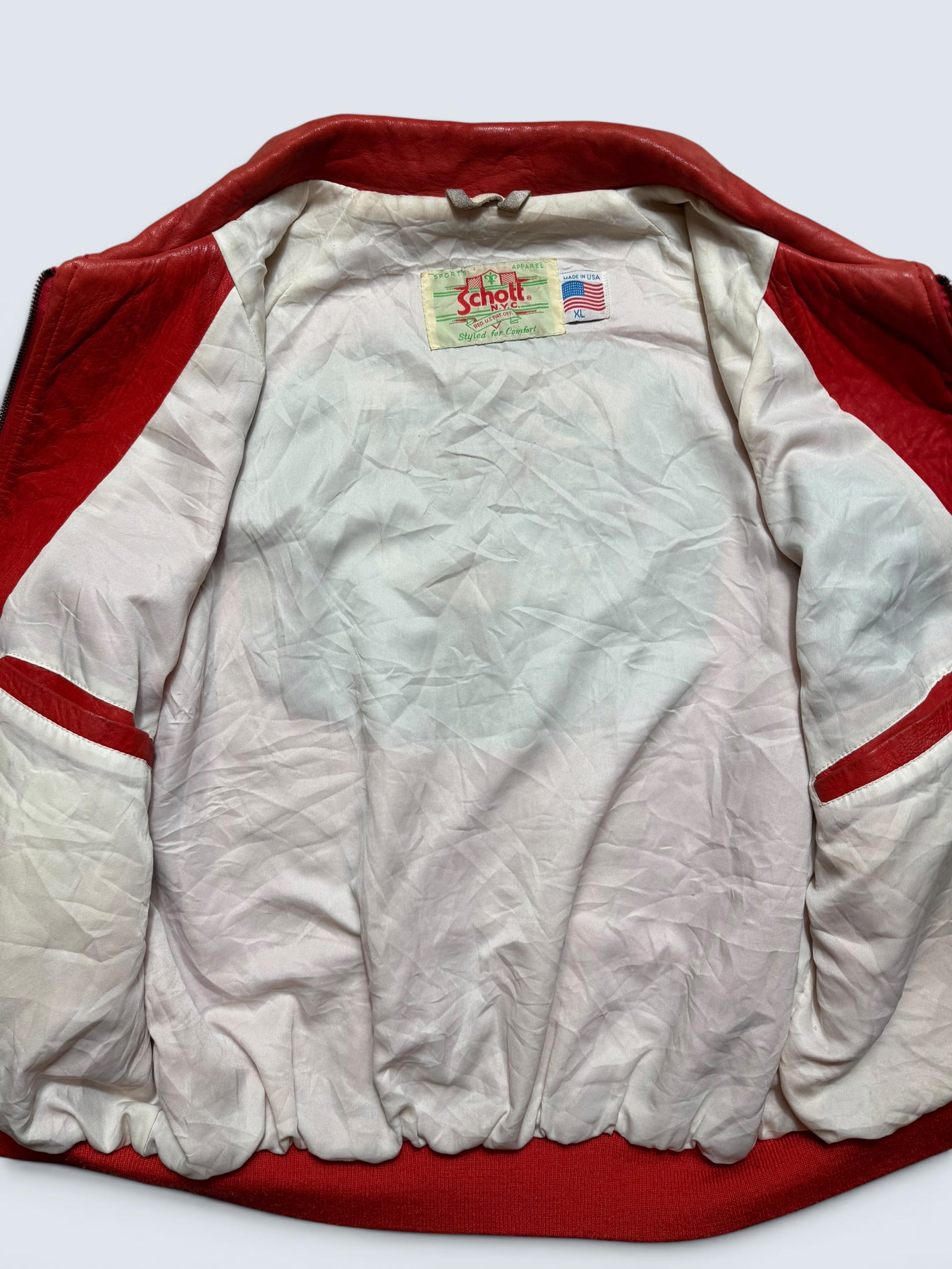 Jacket cuir varsity baseball stadium Schott NYC made in USA red white vintage 80/90’s - XL
