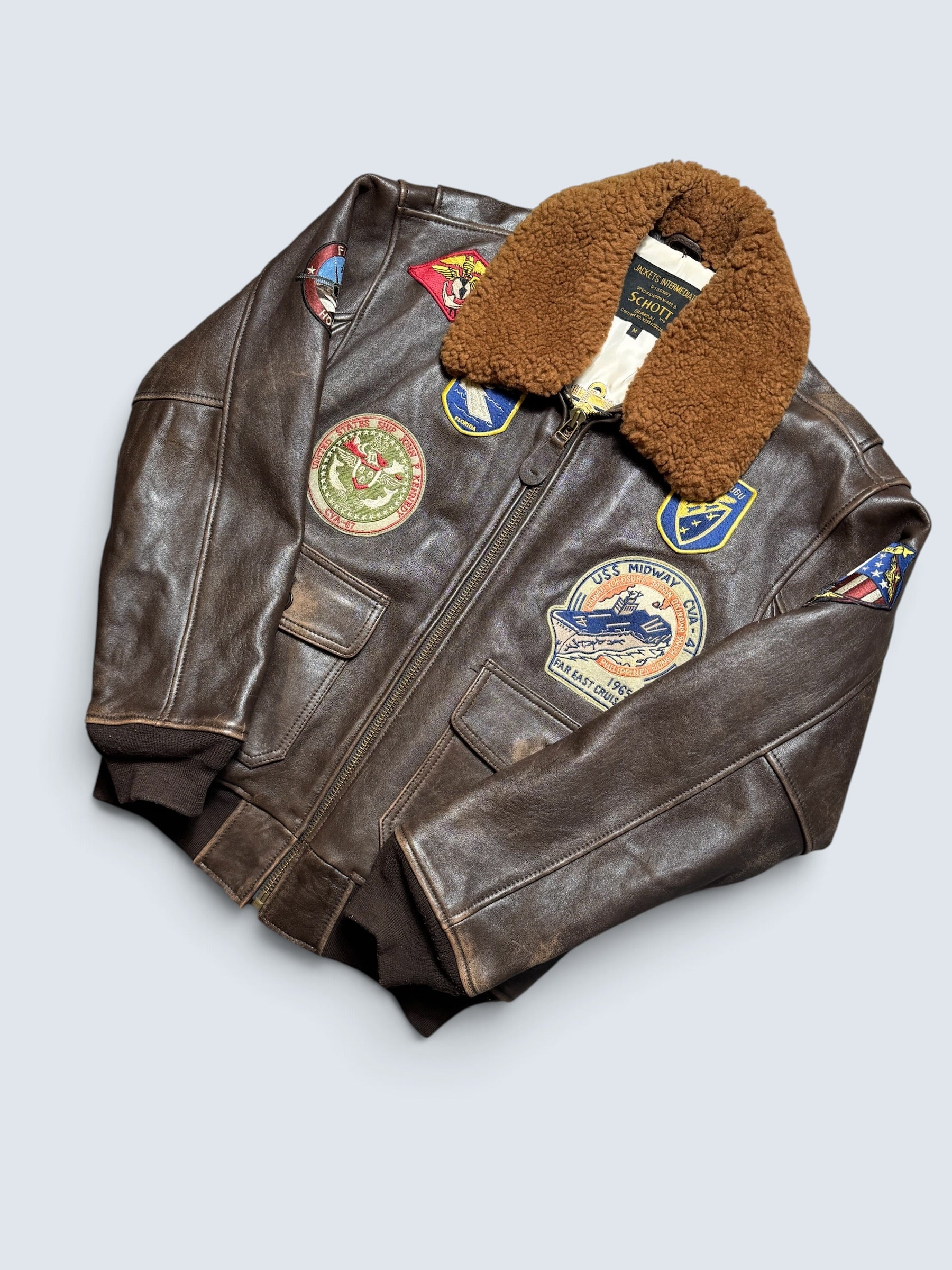 Jacket cuir lambskin flight G-1 Schott NYC Wings Of Gold Top Gun usn full patch nose art black - M (XL)
