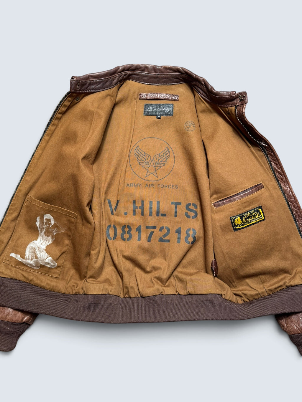 Jacket cuir horsehide flight A-2 Curphey Leather Hell's Angels patch & nose art usaf brown - 36 (S)
