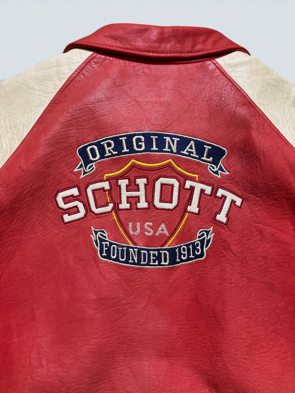 Jacket cuir varsity baseball stadium Schott NYC made in USA red white vintage 80/90’s - XL