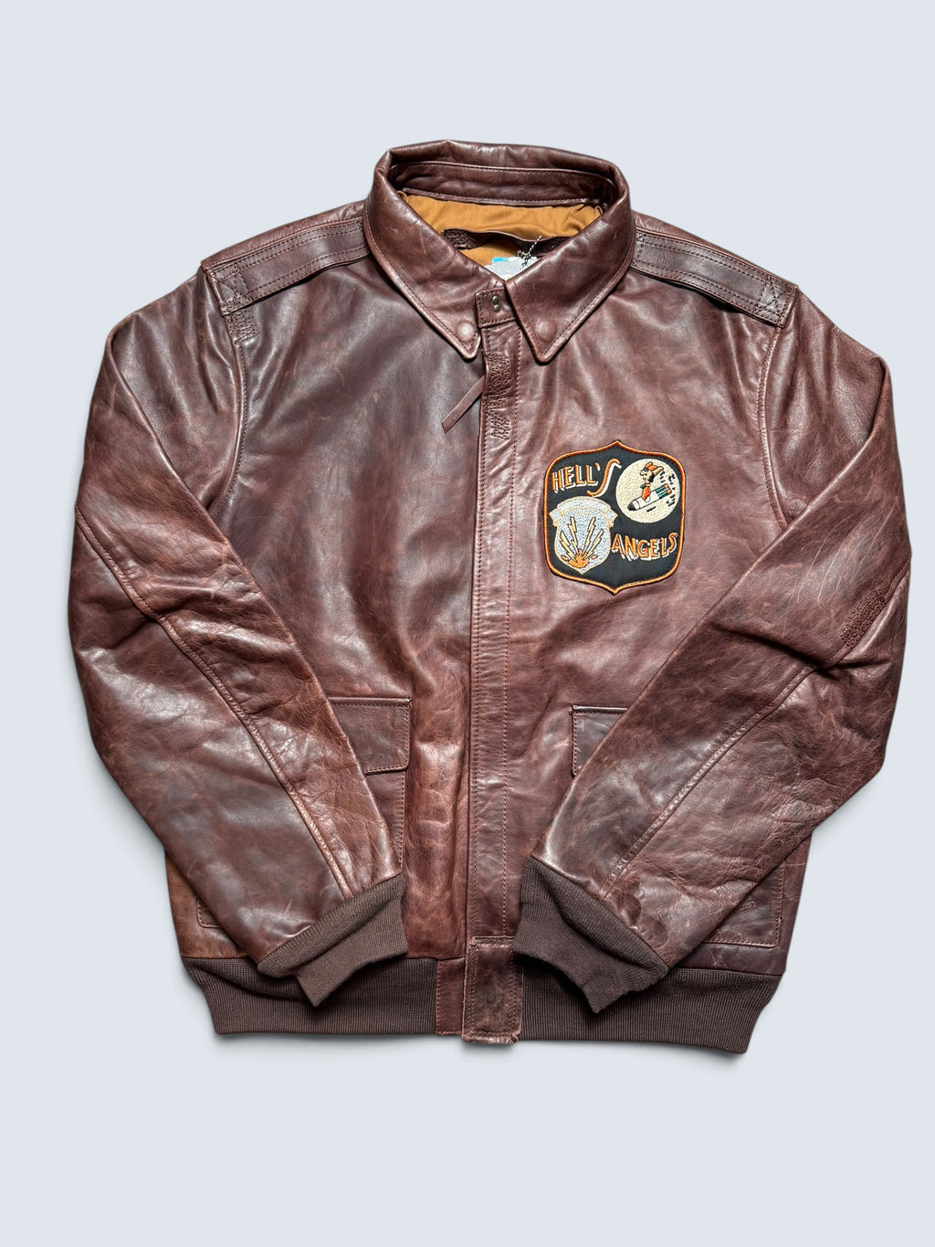Jacket cuir horsehide flight A-2 Curphey Leather Hell's Angels patch & nose art usaf brown - 42 (L)