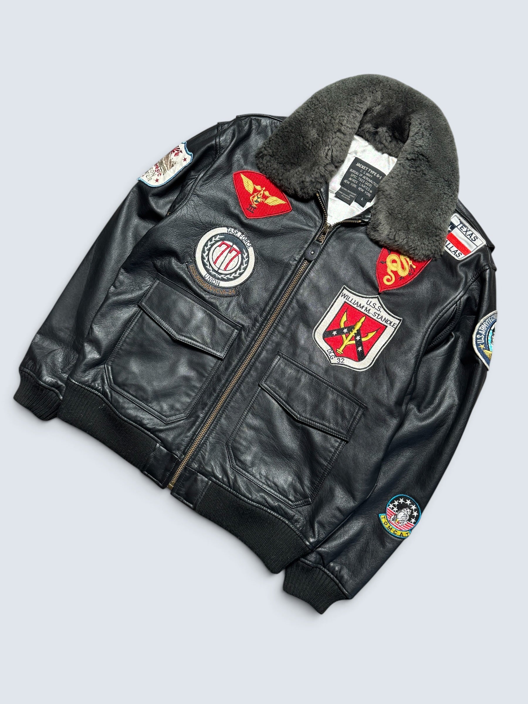 Jacket unisexe cuir cowhide flight G-1 Avirex LTD Top Gun usn full patch black 1998 - M