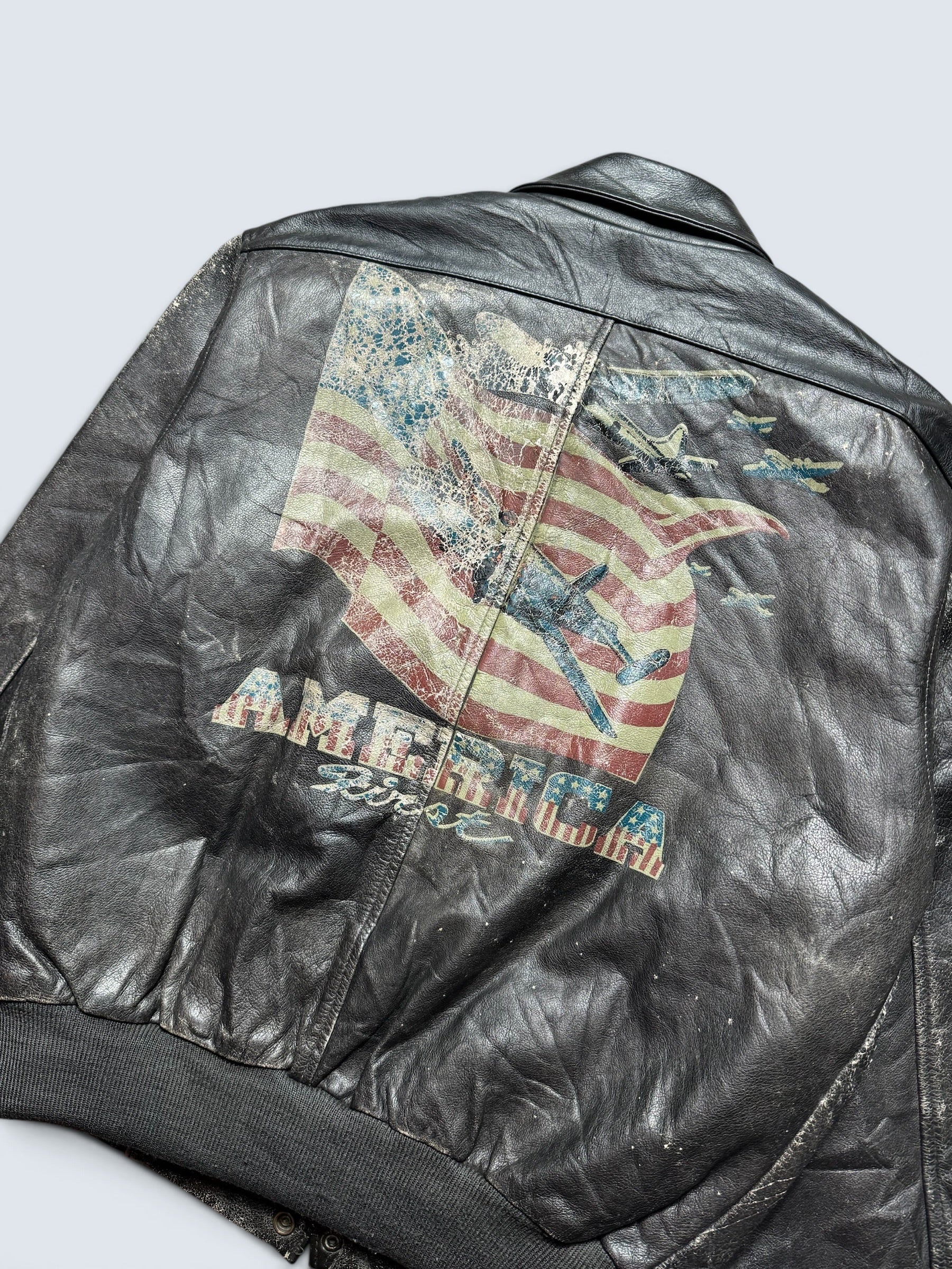 Jacket cuir cowhide bomber flight A-2 Avirex usa flag usaf nose art 90's - L
