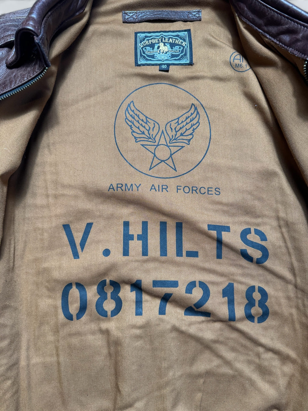 Jacket cuir horsehide flight A-2 Curphey Leather Hell's Angels patch & nose art usaf brown - 40 (M)