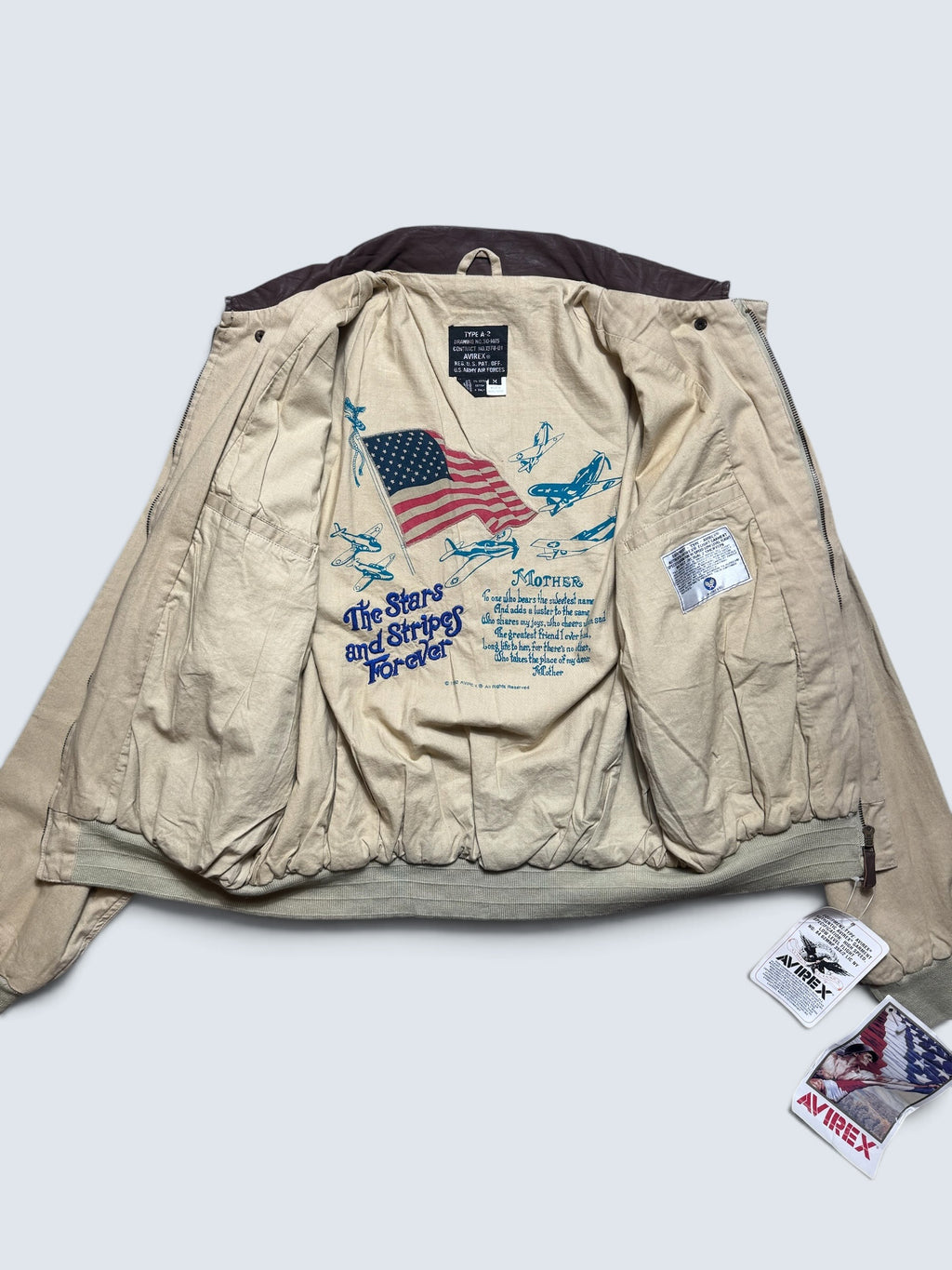 Jacket deadstock flight A-2 Cotton Twill Avirex usa usaf patch beige 1992 - L/XL